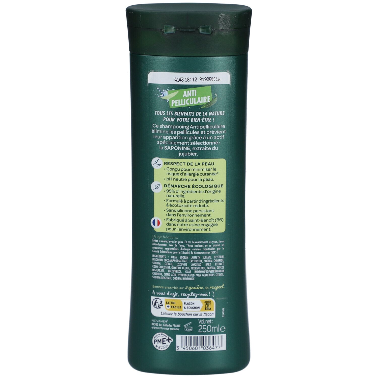 Achterkant van groene shampoo fles. Tekst: Anti-roos, Demarche Ecologique, 95% natuurlijke oorsprong, pH neutraal.