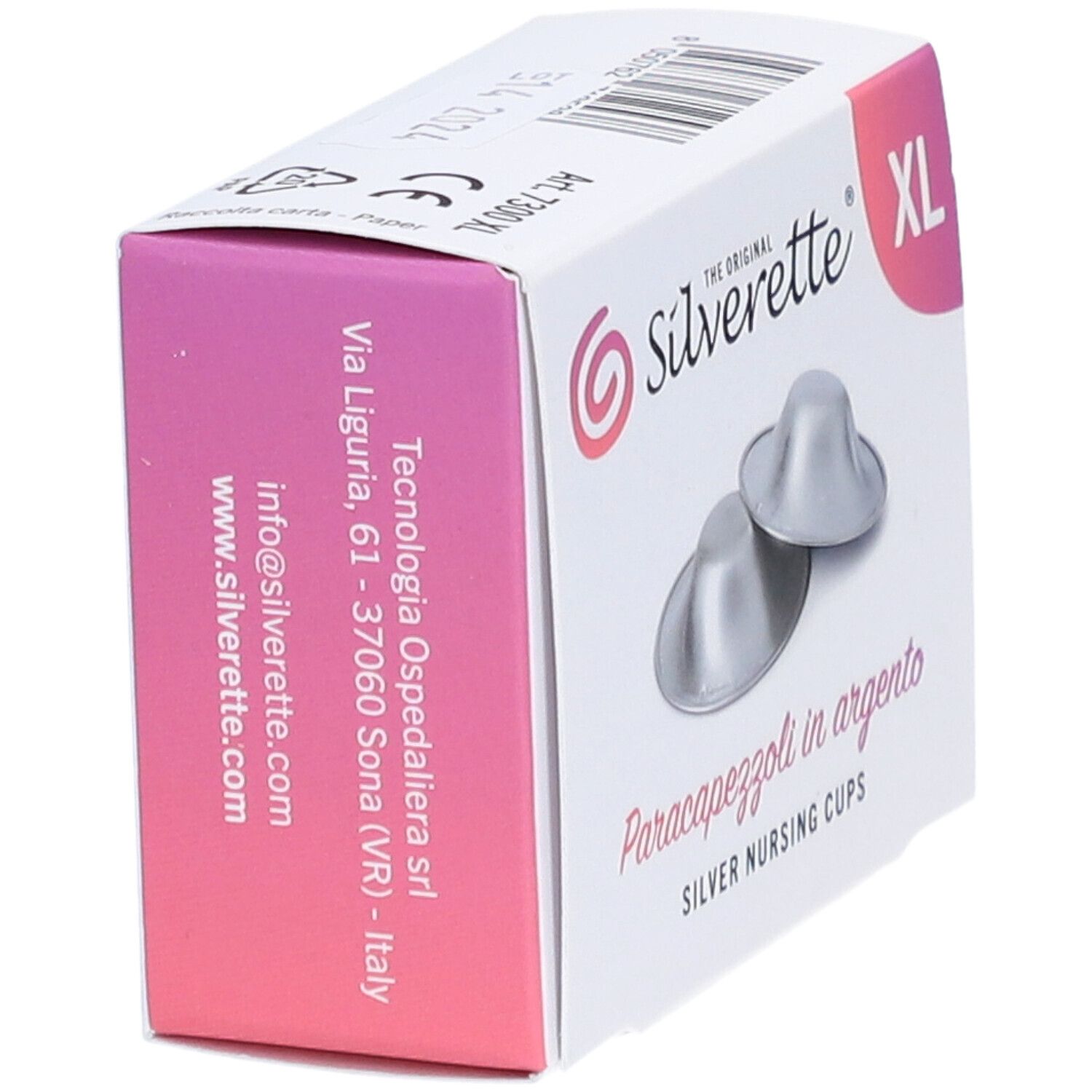 Zijaanzicht van de verpakking. Opschrift: Silverette, Paracapezzoli in argento, Silver Nursing Cups. Contactgegevens en logo.