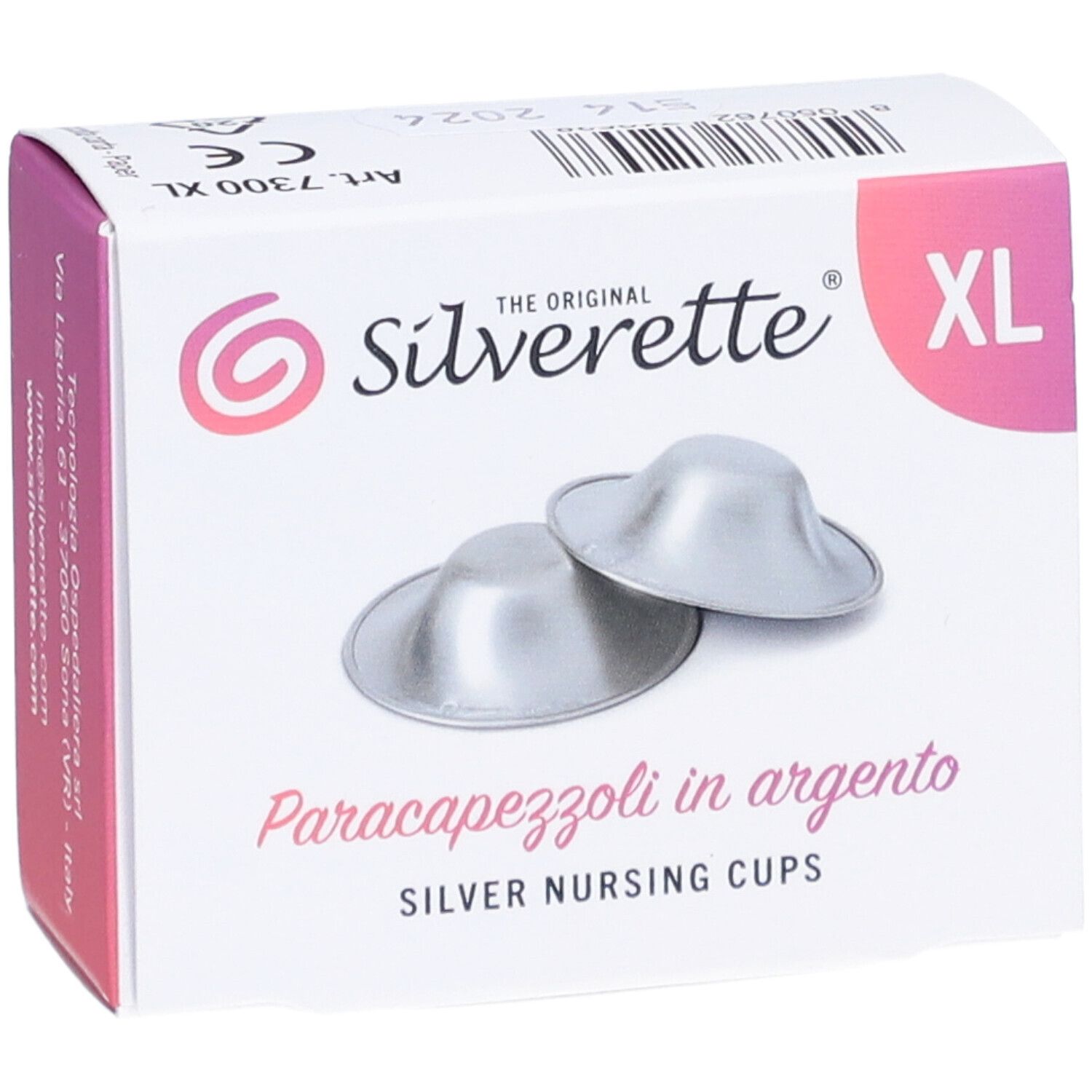 Verpakking met twee zilveren borstschelpen XL. Opschrift: Silverette, Paracapezzoli in argento, Silver Nursing Cups.
