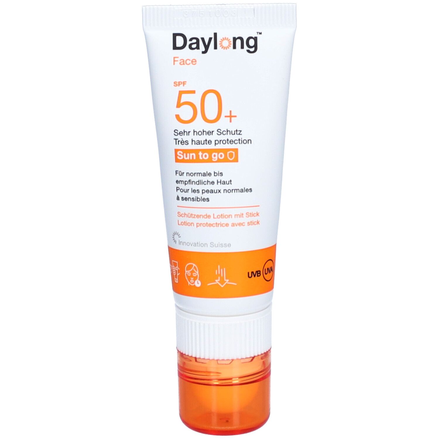 Tube blanc et orange. Texte: Daylong Face SPF 50+. Sun to go. Pour peaux normales à sensibles.
