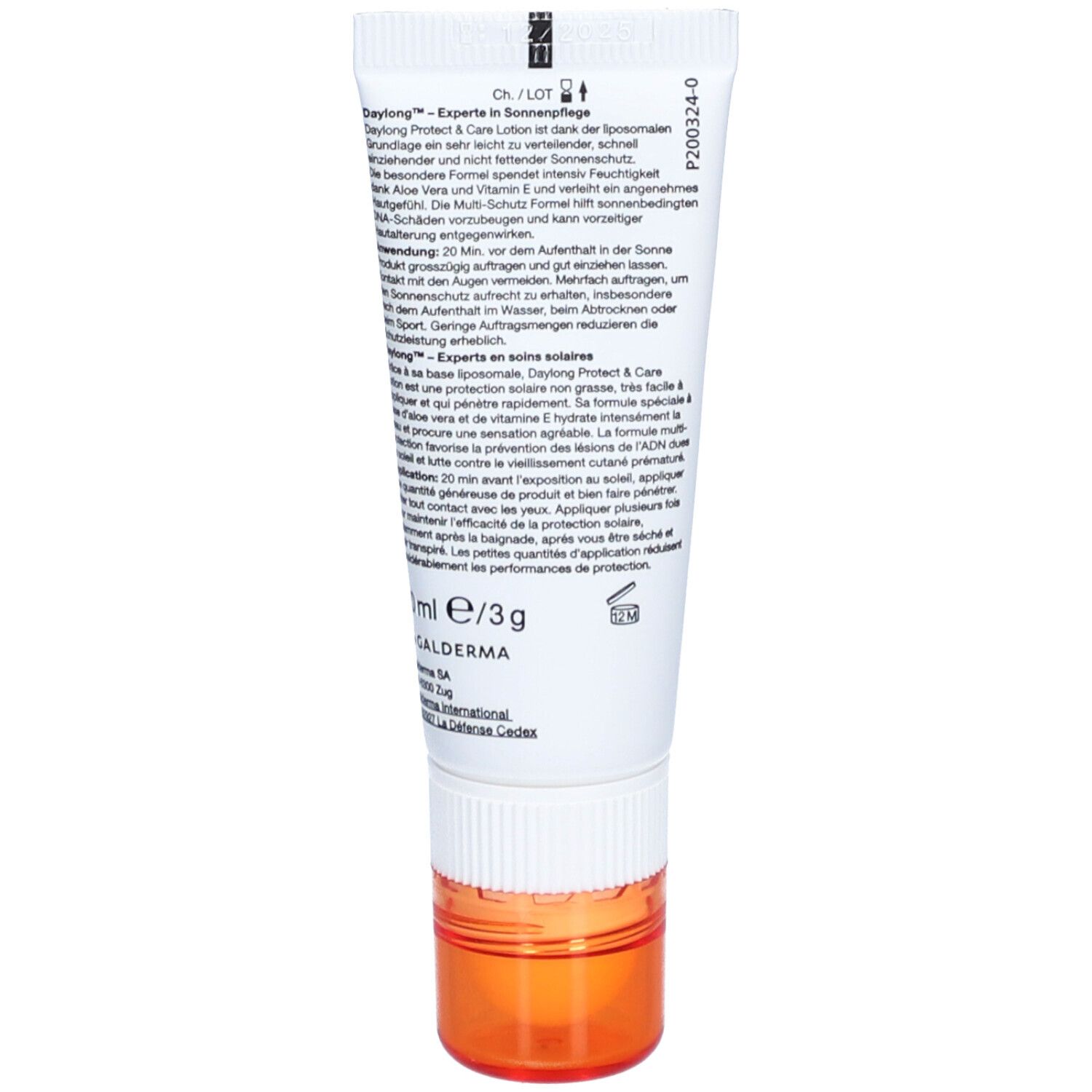 Dos du tube. Texte: Daylong Protect & Care Lotion. Ingrédients. 3g. Informations fabricant.