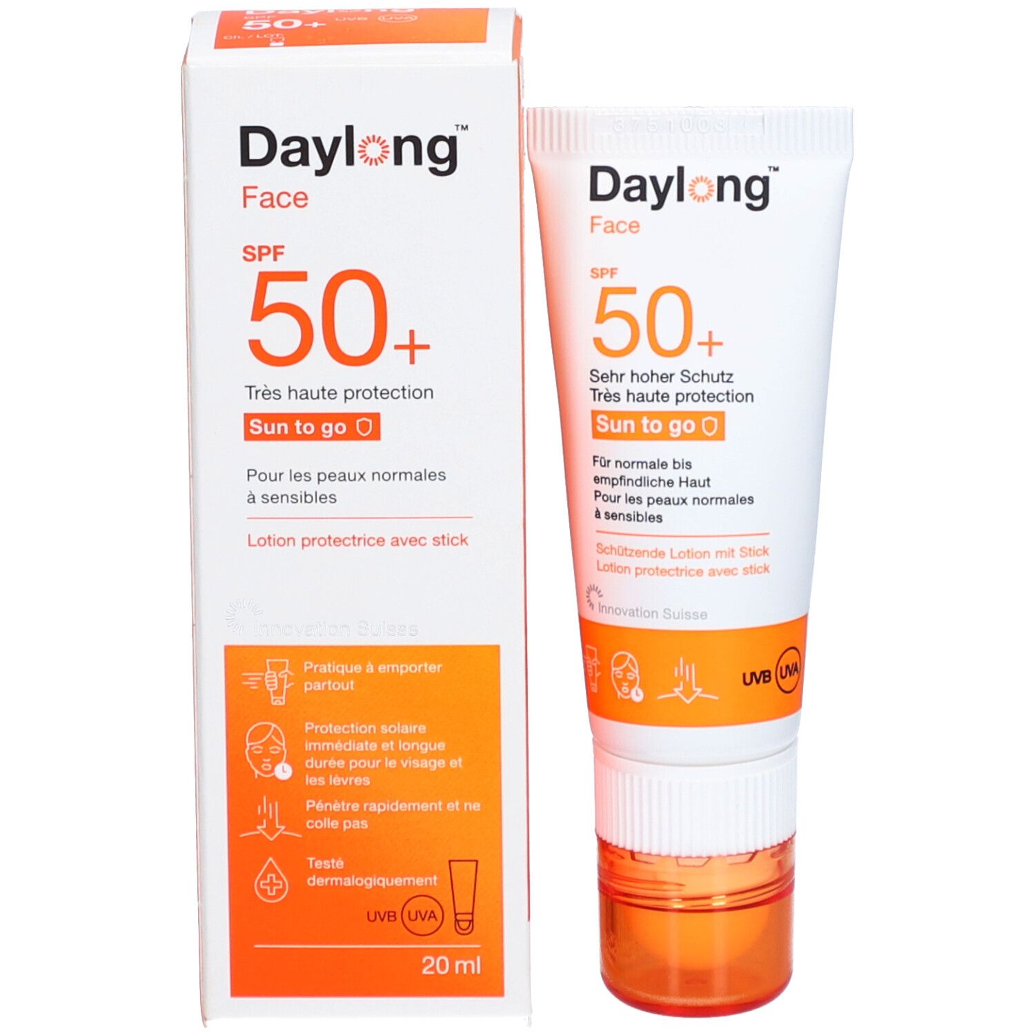 Emballage et tube. Emballage: blanc et orange. Texte: Daylong Face SPF 50+. Sun to go. 20 ml.