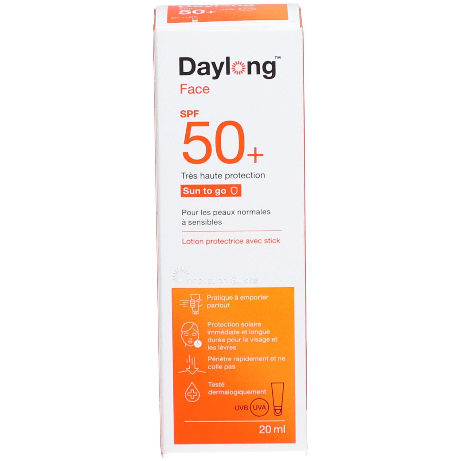 Emballage. Blanc et orange. Texte: Daylong Face SPF 50+. Sun to go. 20 ml. Pictogrammes.