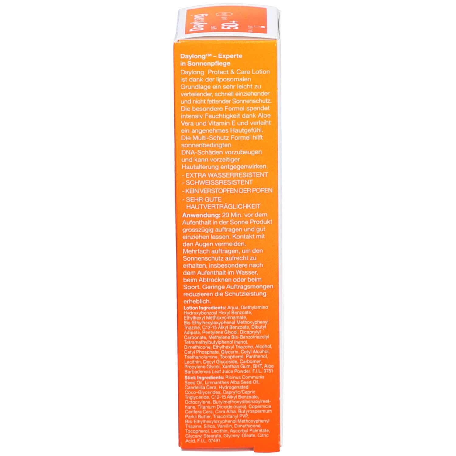 Dos de l'emballage. Texte: Daylong Protect & Care Lotion. Ingrédients. Mode d'emploi.