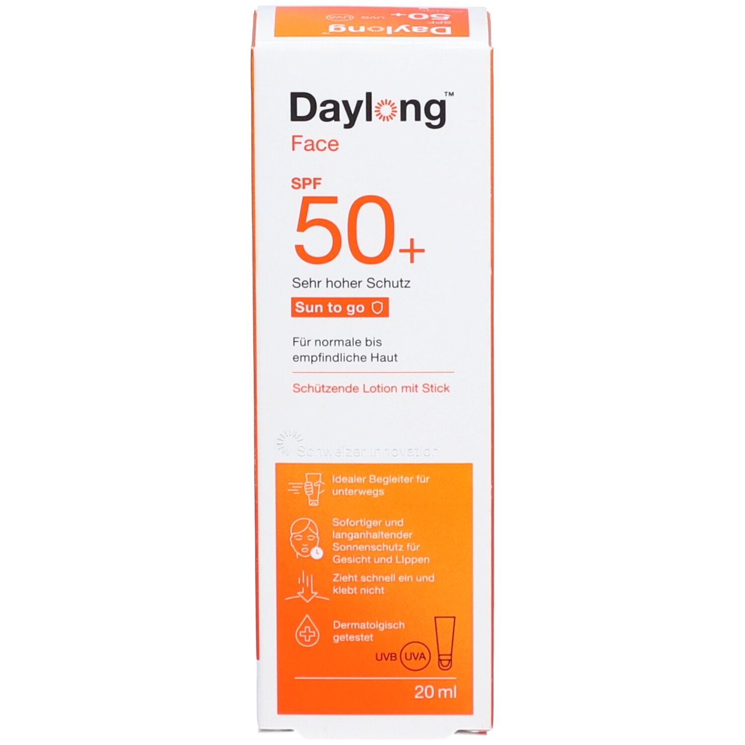 Emballage. Texte: Daylong Face SPF 50+. Sun to go. 20 ml. Pictogrammes. Idéal pour les déplacements.