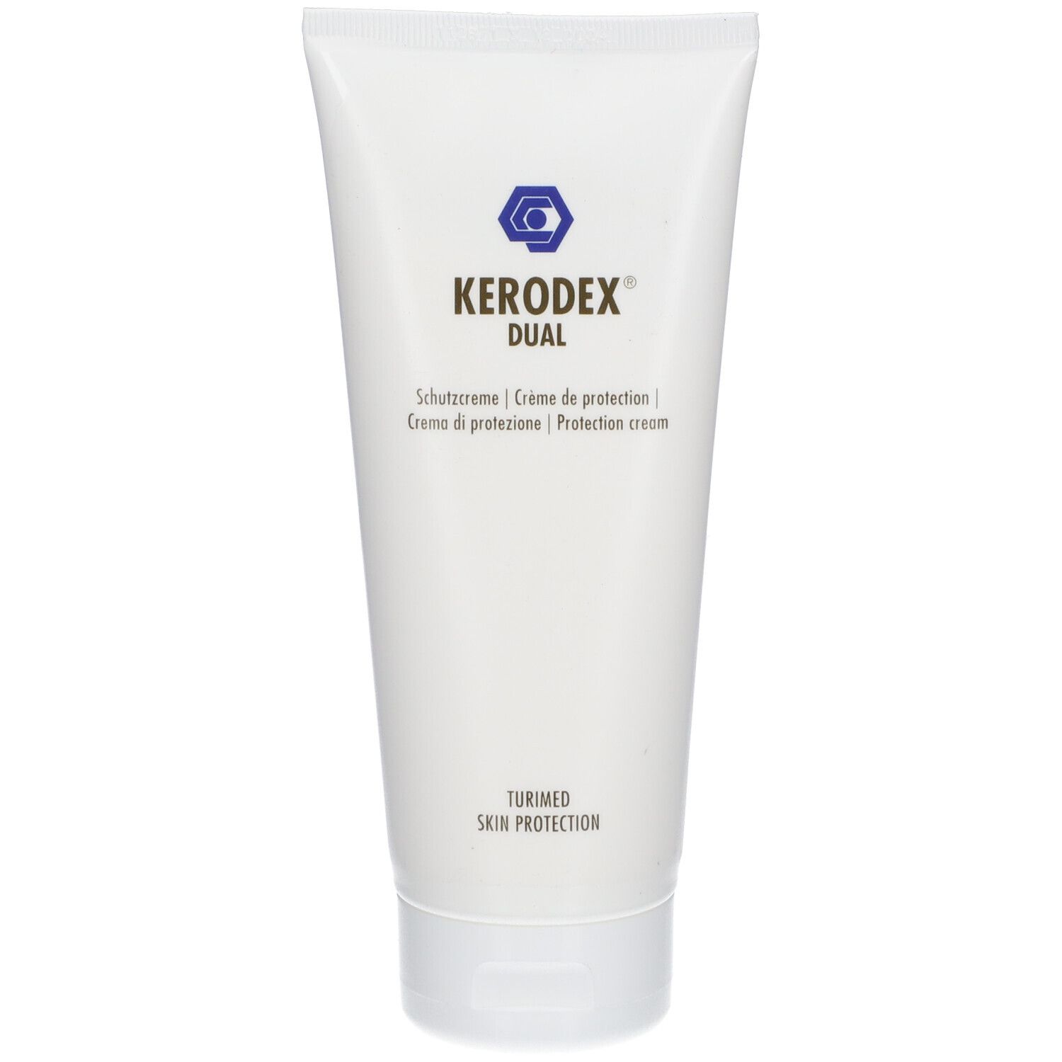 Tube blanc avec logo bleu et texte KERODEX® DUAL. Texte : Schutzcreme | Crème de protection | Crema di protezione | Protection cream.