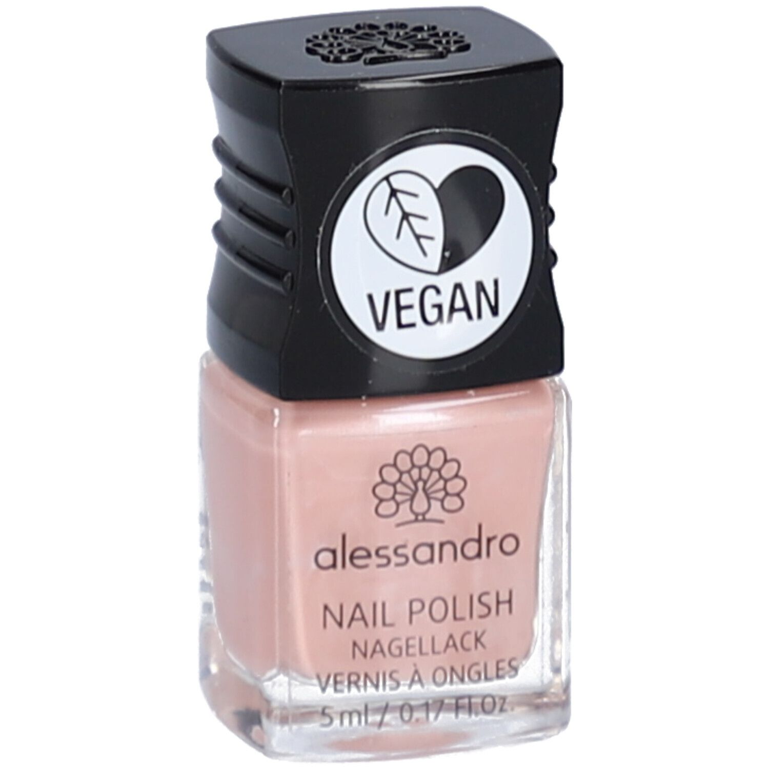 Vernis à ongles Alessandro rose pâle, 5ml. Bouchon noir avec sceau "Vegan".