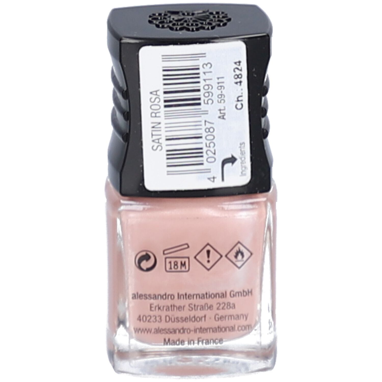 Un flacon de vernis à ongles rose pâle avec un bouchon noir et une étiquette. Contient des informations sur la marque et le numéro du produit.