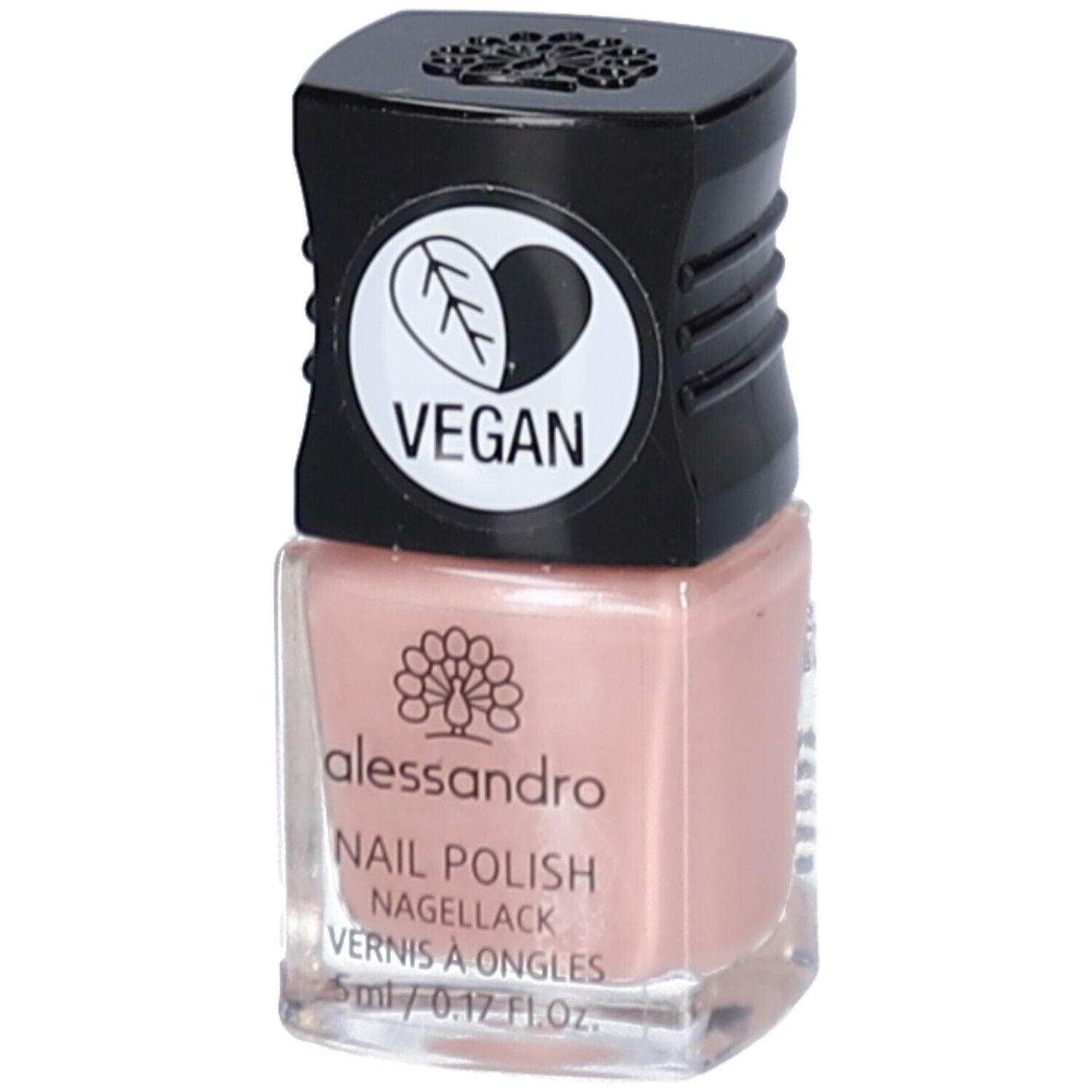 Bouteille de vernis à ongles Alessandro, flacon carré en verre, bouchon noir. Symbole feuille-cœur et mention "VEGAN".