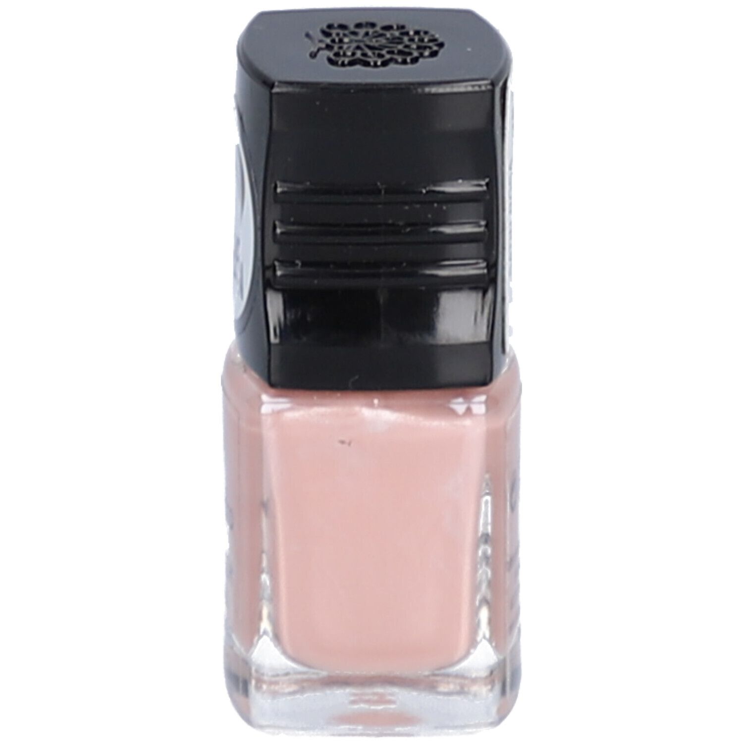 Un petit flacon rectangulaire de vernis à ongles rose pâle avec un capuchon noir orné.