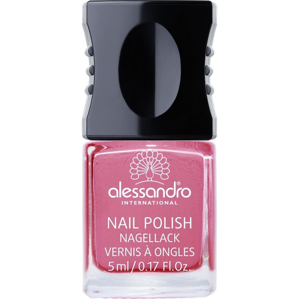 Roze nagellakfles. Zwarte dop met logo en tekst. Opschrift: Alessandro, Nail Polish, Nagellack, Vernis à Ongles. 5ml/0.17 Fl.Oz.