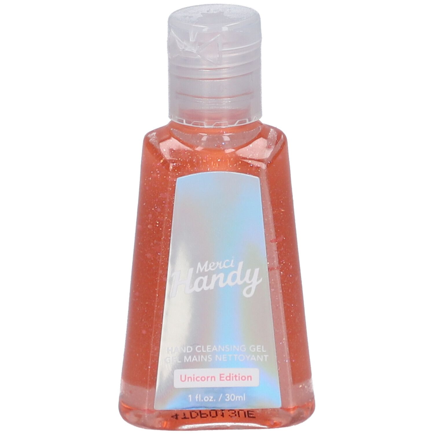 Handreinigingsgel van Merci Handy. Roze vloeistof in een kleine fles met klapdop. Sticker met tekst.