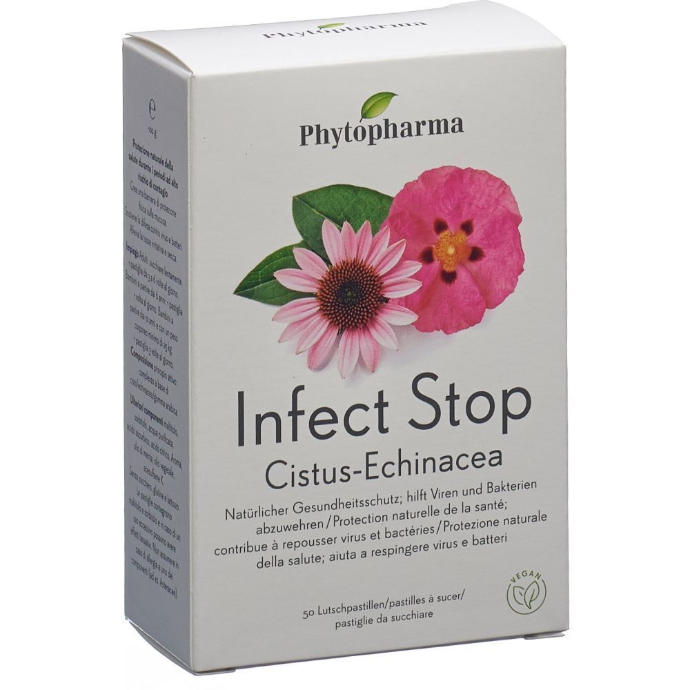 Boîte de "Phytopharma Infect Stop Lutschpastillen". Illustration florale. Texte: Infect Stop Cistus-Echinacea.