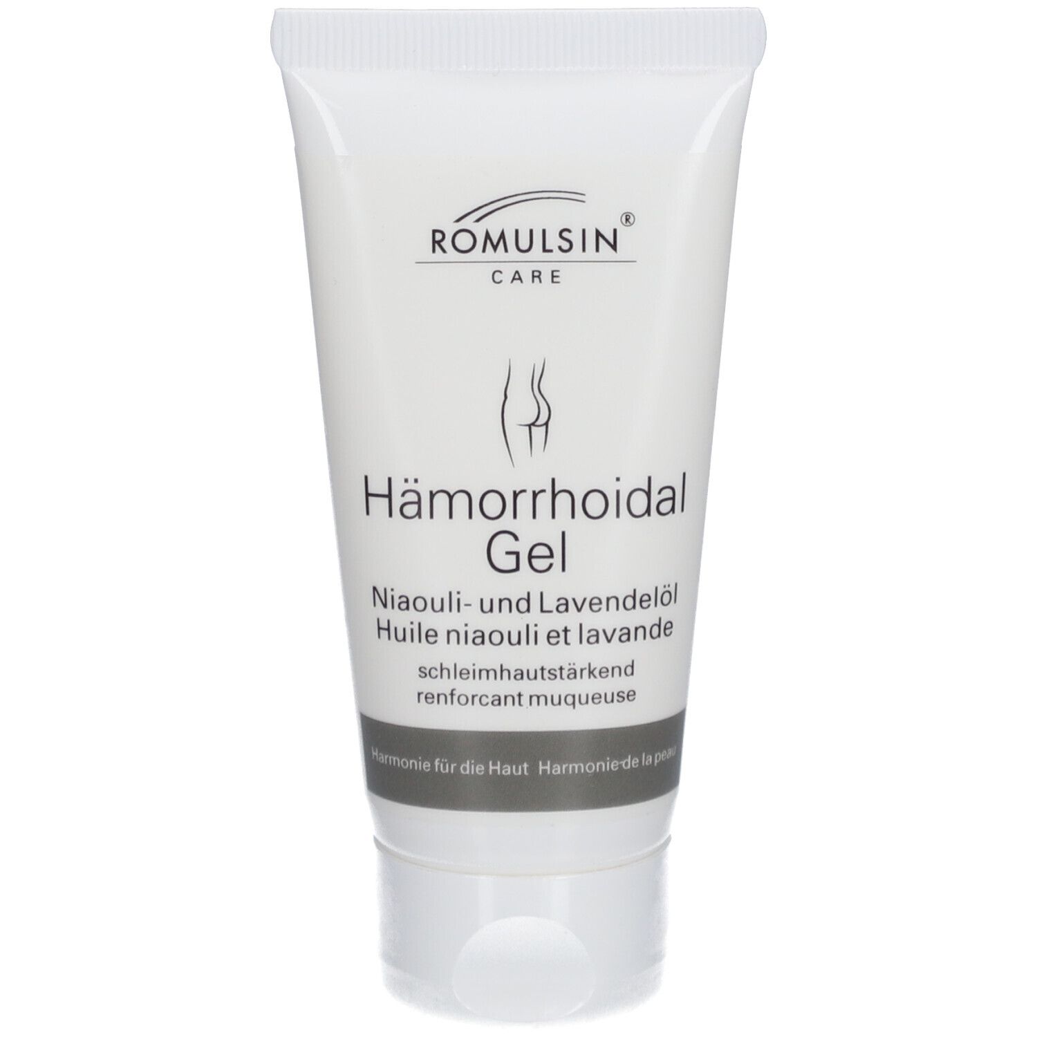 Tube Romulsan® Diacosa® aambeien gel. Witte tube met productnaam en informatie. Illustratie van een achterwerk.