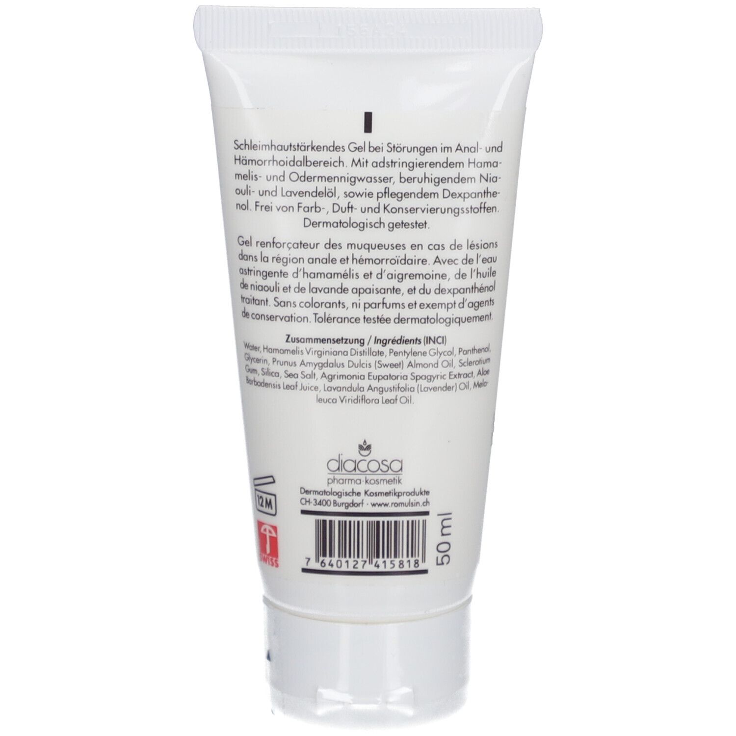 Achterkant van de tube Romulsan® Diacosa® aambeien gel. Tekst met ingrediënten en fabrikant informatie. 50 ml.