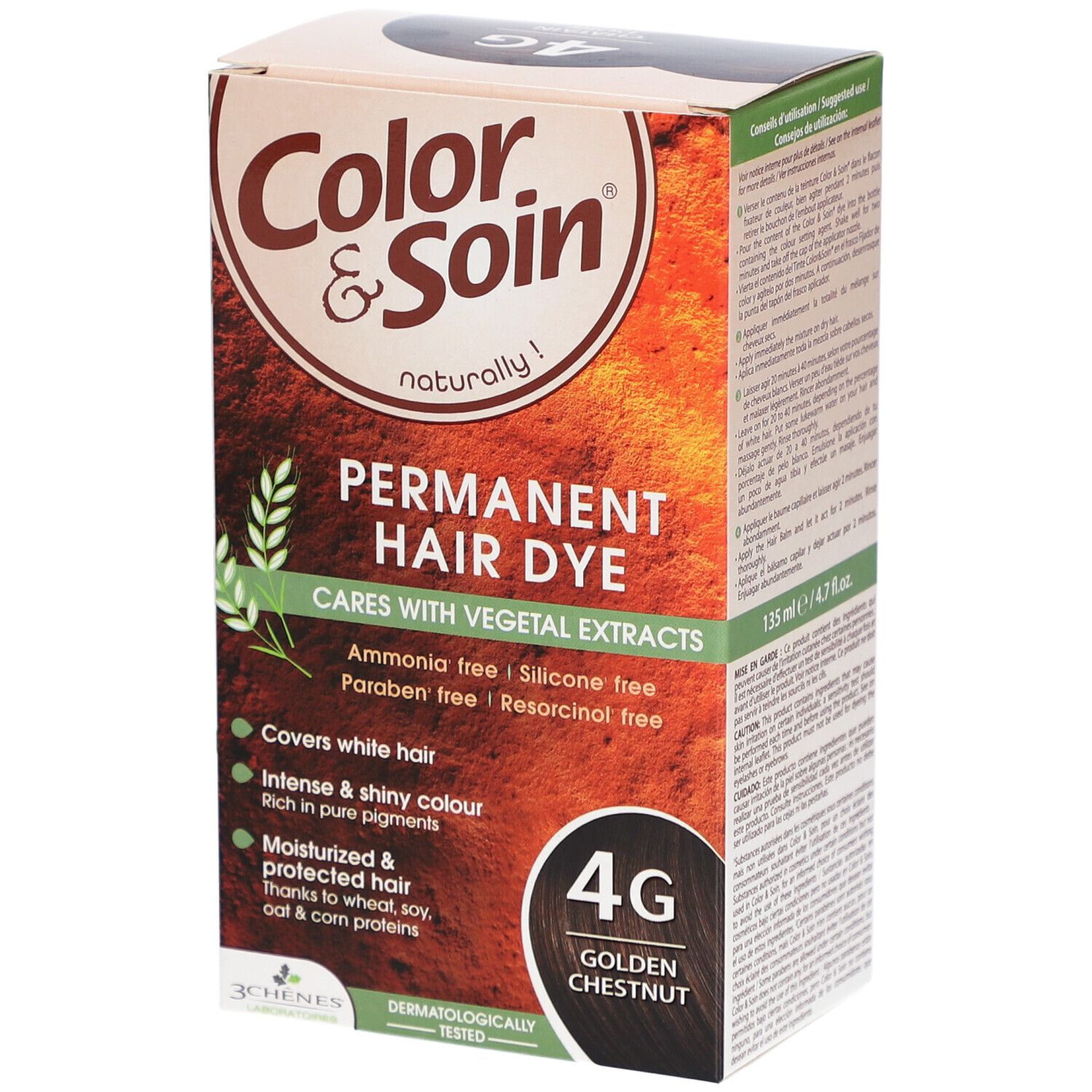 Coloration permanente Color & Soin 4G Châtain doré. Soin aux extraits végétaux. Couvre les cheveux blancs.