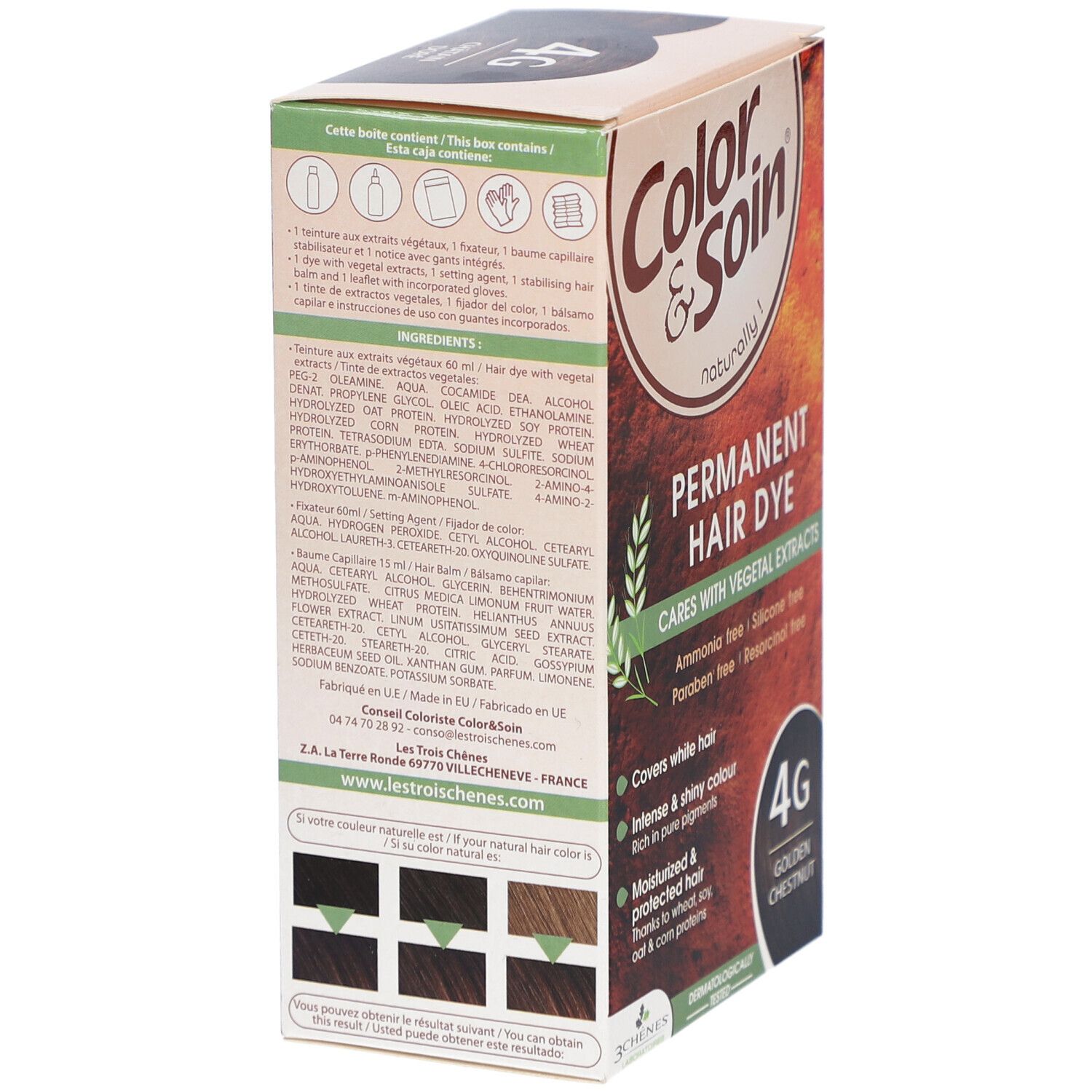 Dos de la coloration Color & Soin 4G Châtain doré. Ingrédients et exemples de couleurs. Aux extraits végétaux.