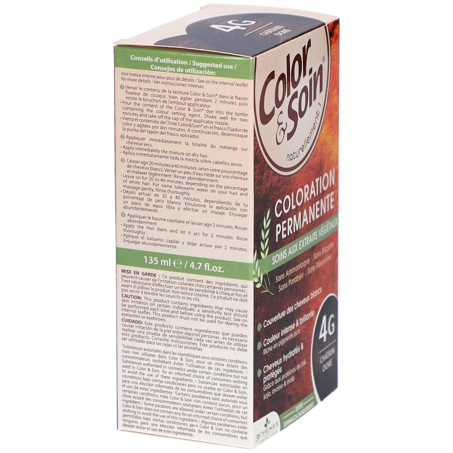 Côté de la coloration Color & Soin 4G Châtain doré. Conseils d'utilisation. Aux extraits végétaux.
