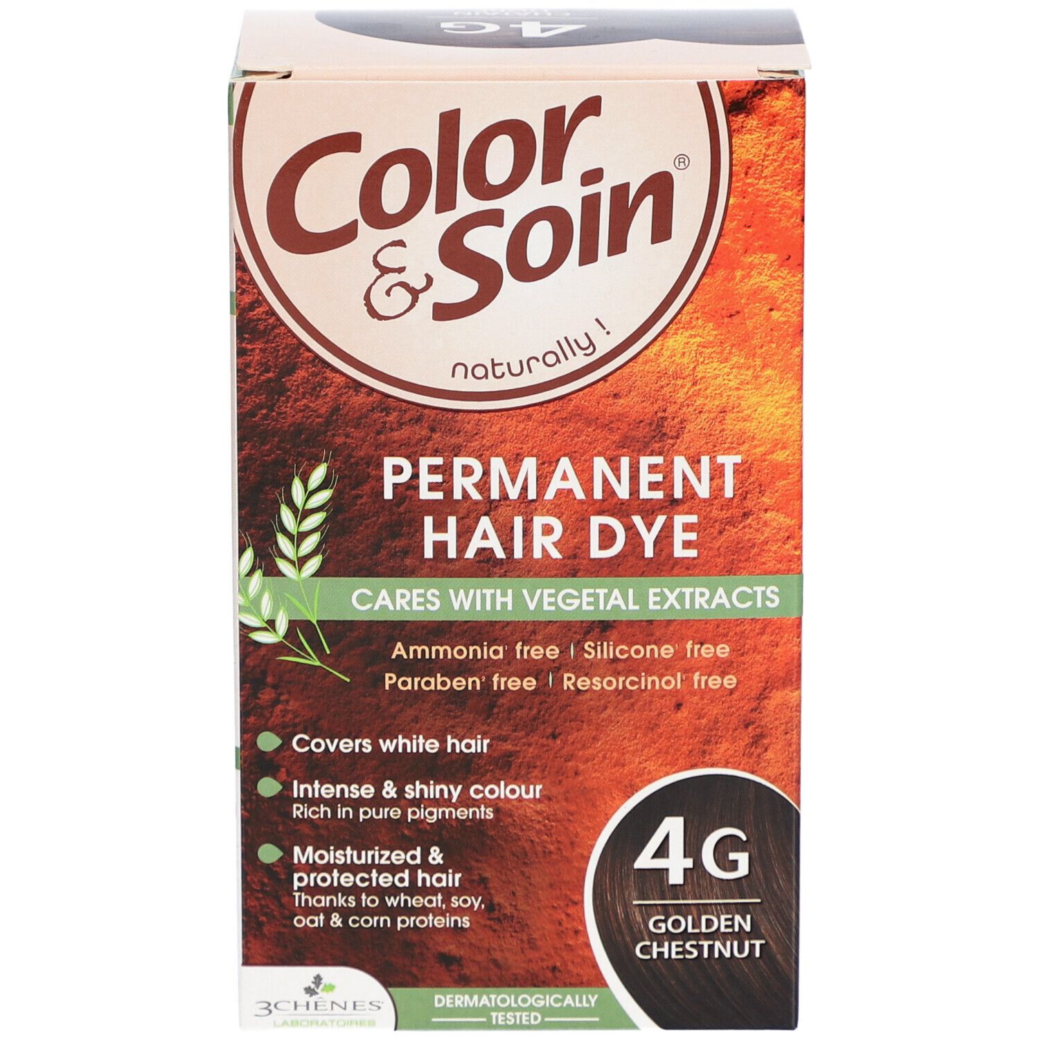 Coloration permanente Color & Soin 4G Châtain doré. Soin aux extraits végétaux. Couvre les cheveux blancs.