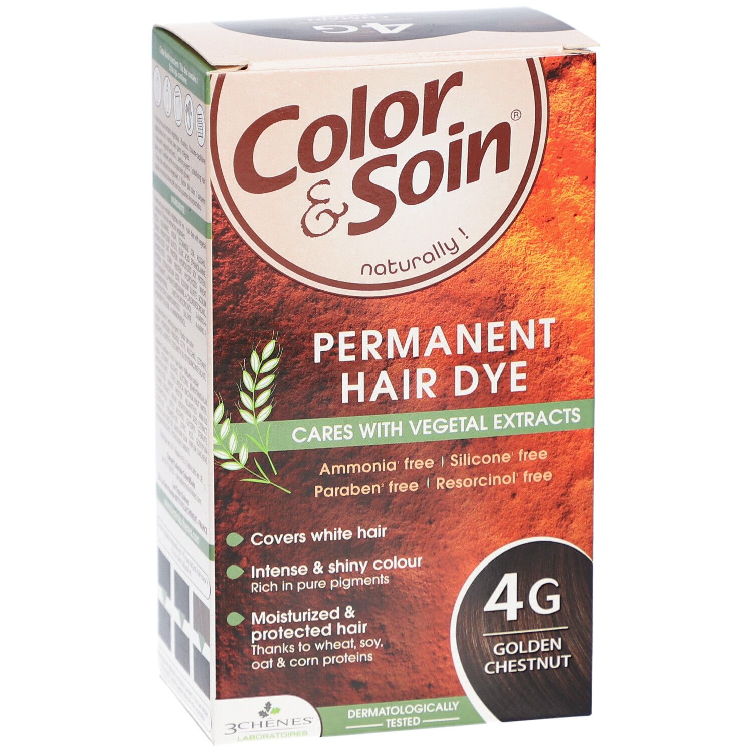 Coloration permanente Color & Soin 4G Châtain doré. Soin aux extraits végétaux. Couvre les cheveux blancs.