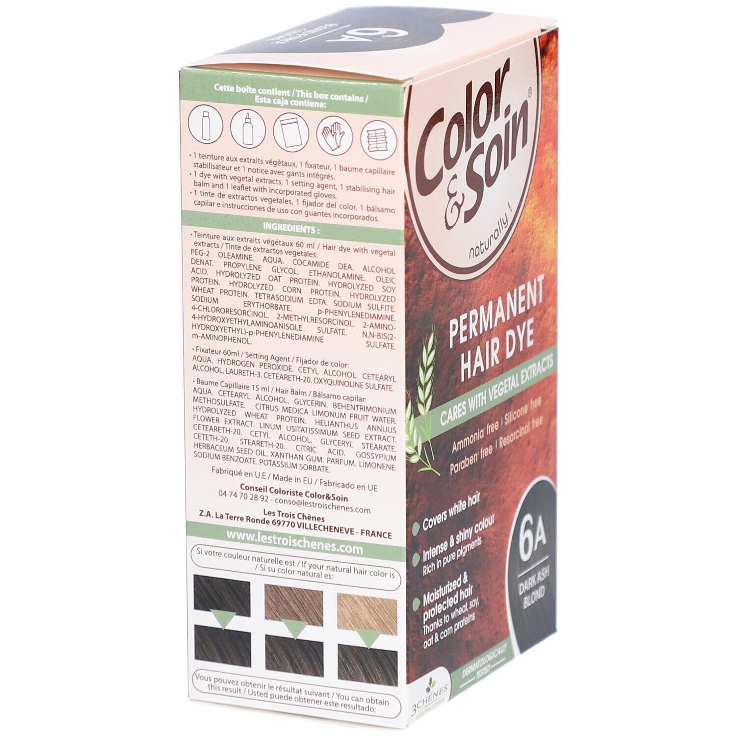 Boîte de coloration capillaire. Ingrédients et exemples de couleurs au dos. Marque: Color & Soin. 6A Blond foncé cendré.