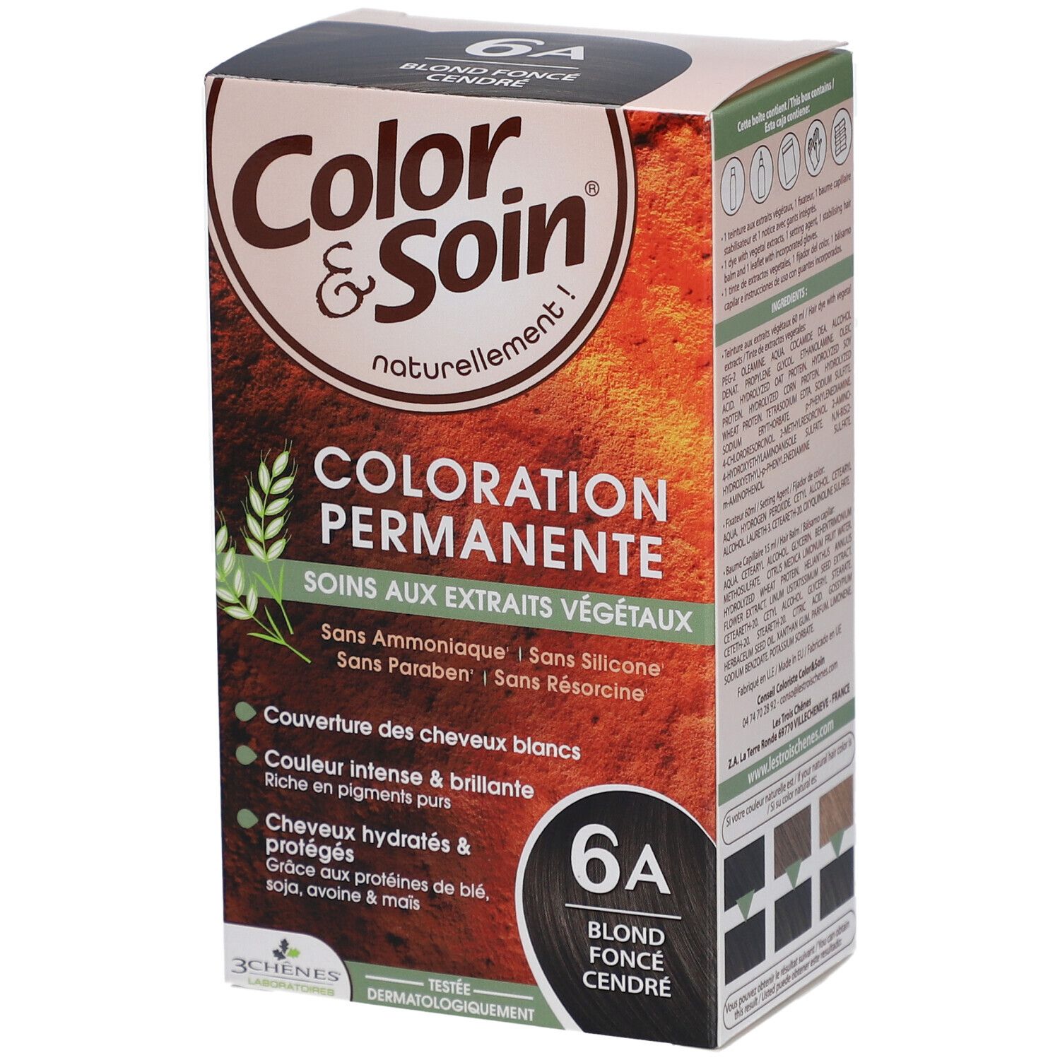 Boîte de coloration capillaire. Inscription: Coloration Permanente, 6A Blond foncé cendré. Extraits végétaux. Sans ammoniaque, silicone, parabène, résorcine.