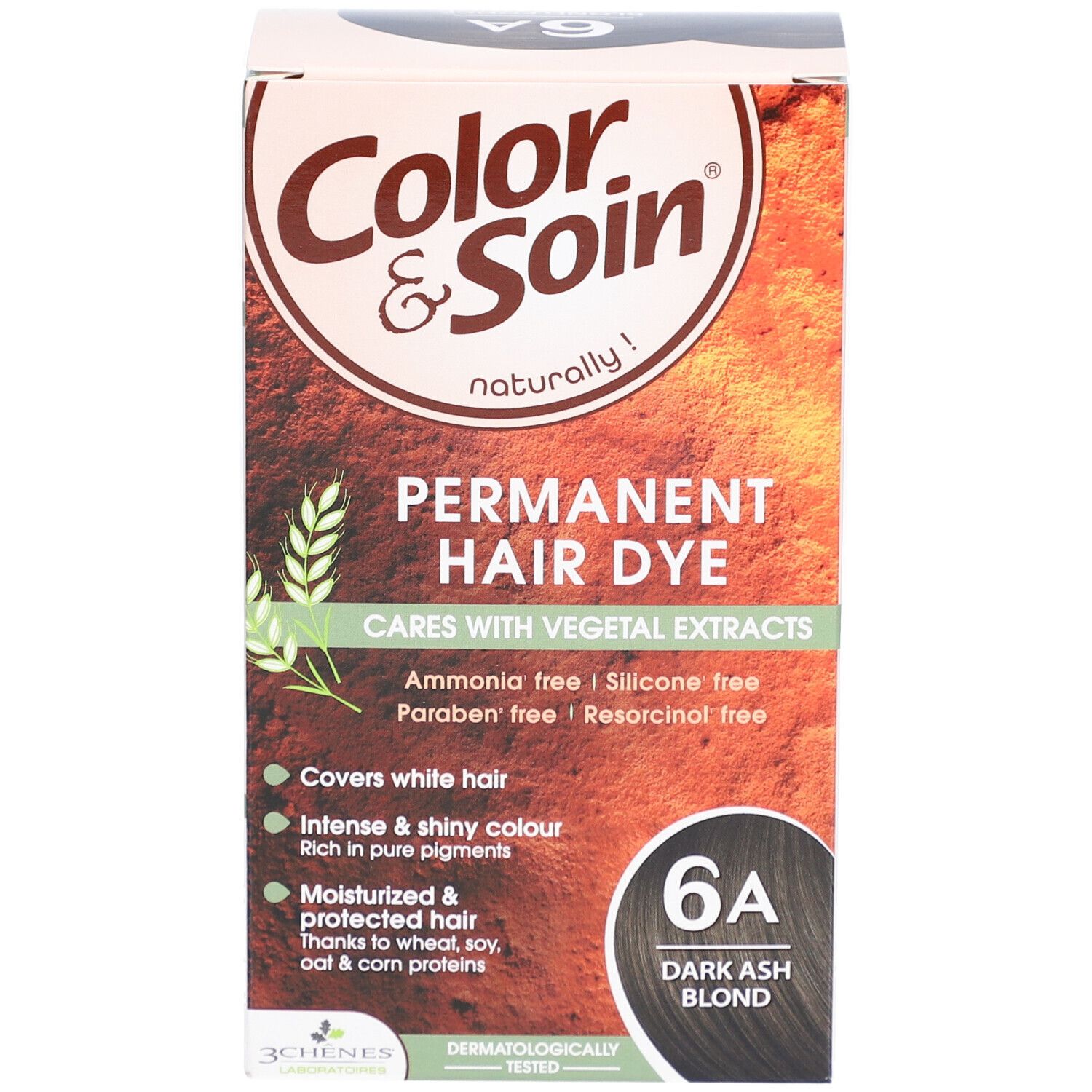 Boîte de coloration capillaire. Inscription: Color & Soin, 6A Blond foncé cendré. Extraits végétaux. Sans ammoniaque, silicone, parabène, résorcine.