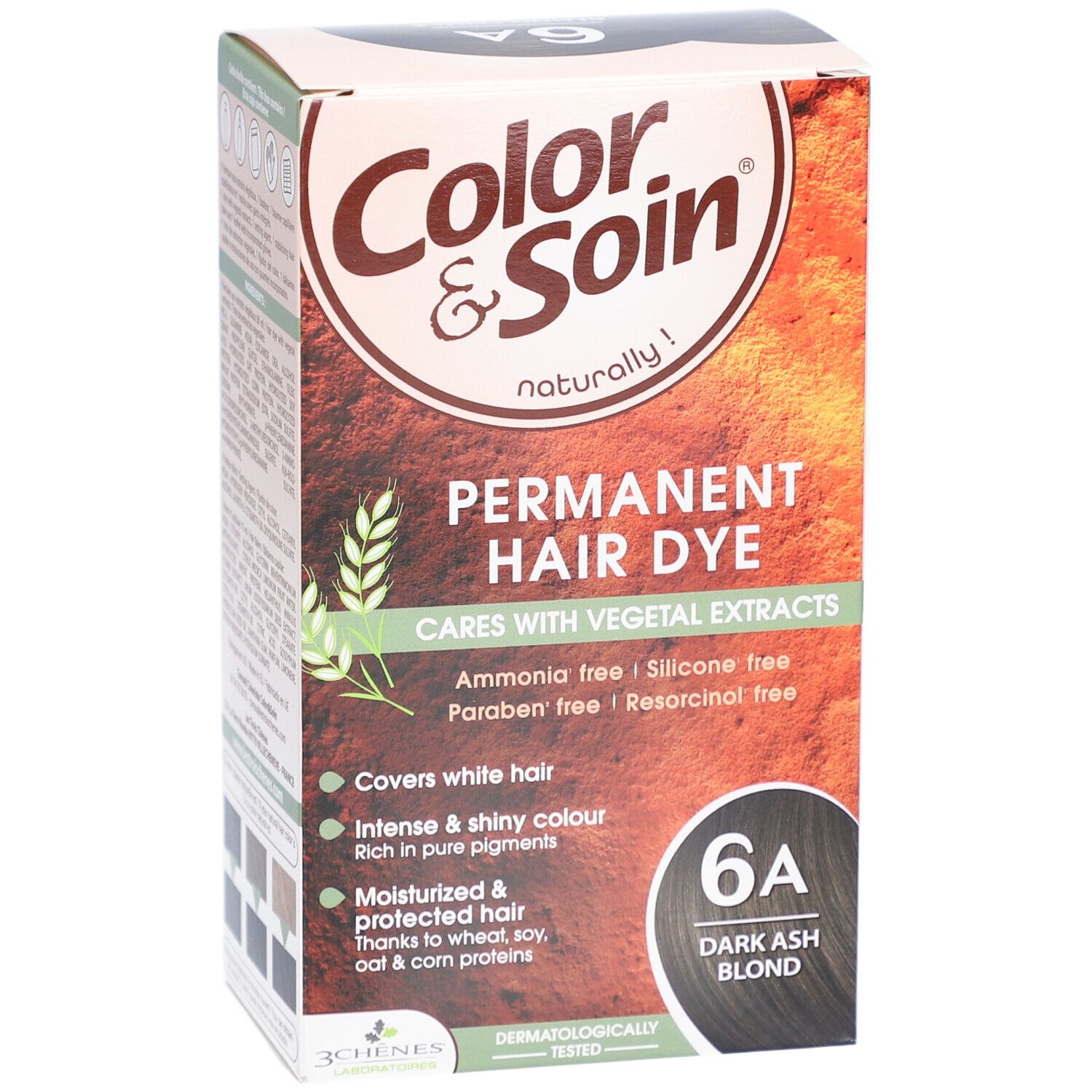 Boîte de coloration capillaire. Inscription: Color & Soin, 6A Blond foncé cendré. Extraits végétaux. Testé dermatologiquement.