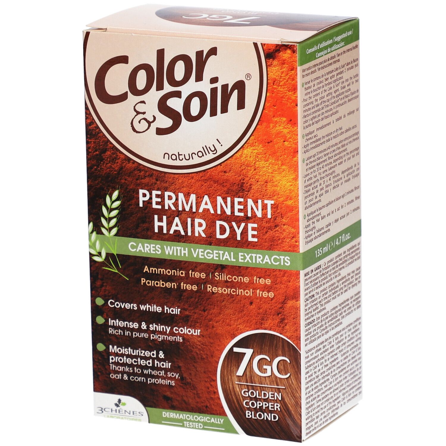 Boîte Color & Soin 7GC blond doré cuivré. Coloration permanente aux extraits végétaux. Couvre les cheveux blancs.