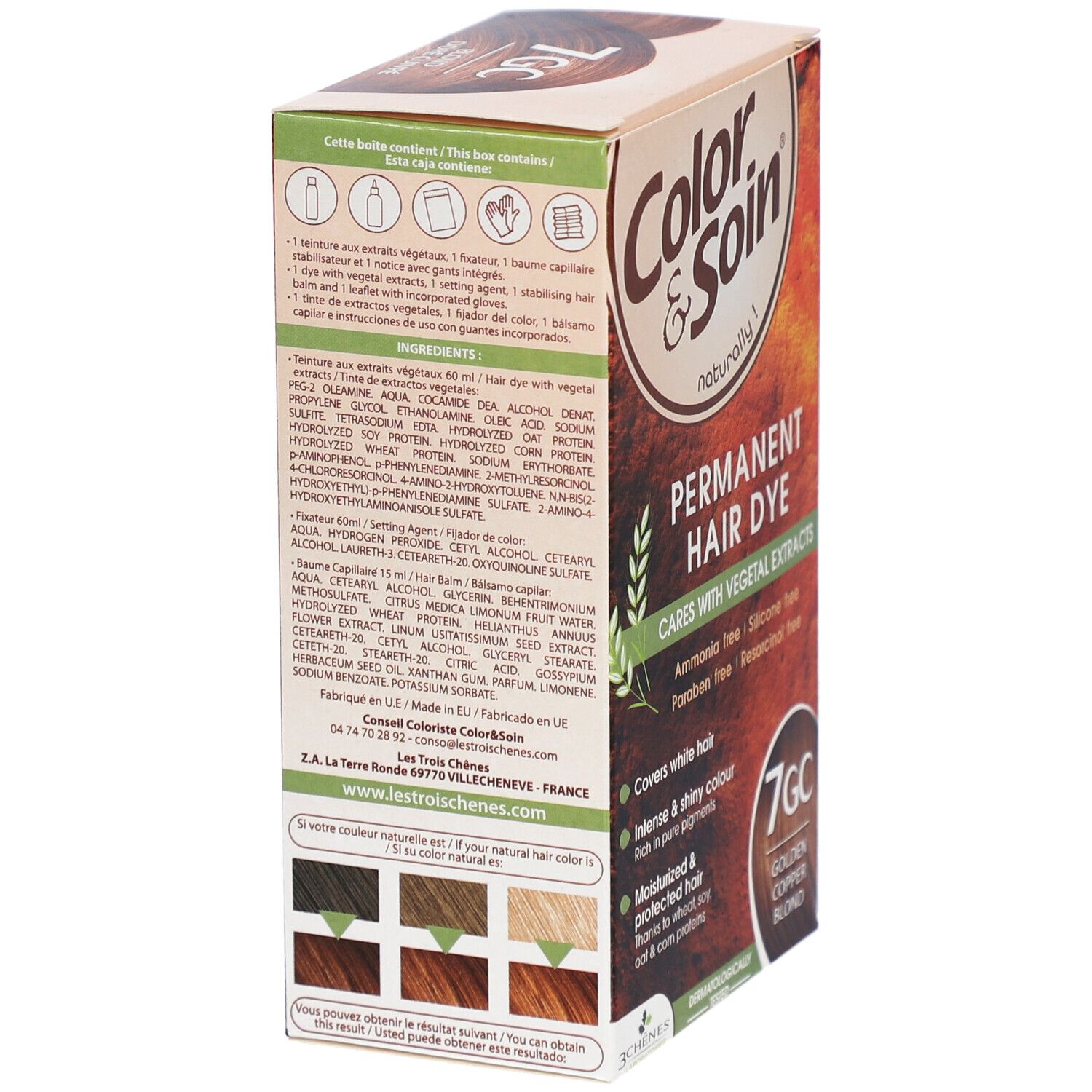 Dos de la boîte Color & Soin. Ingrédients, instructions et exemples de couleurs. 7GC blond doré cuivré.