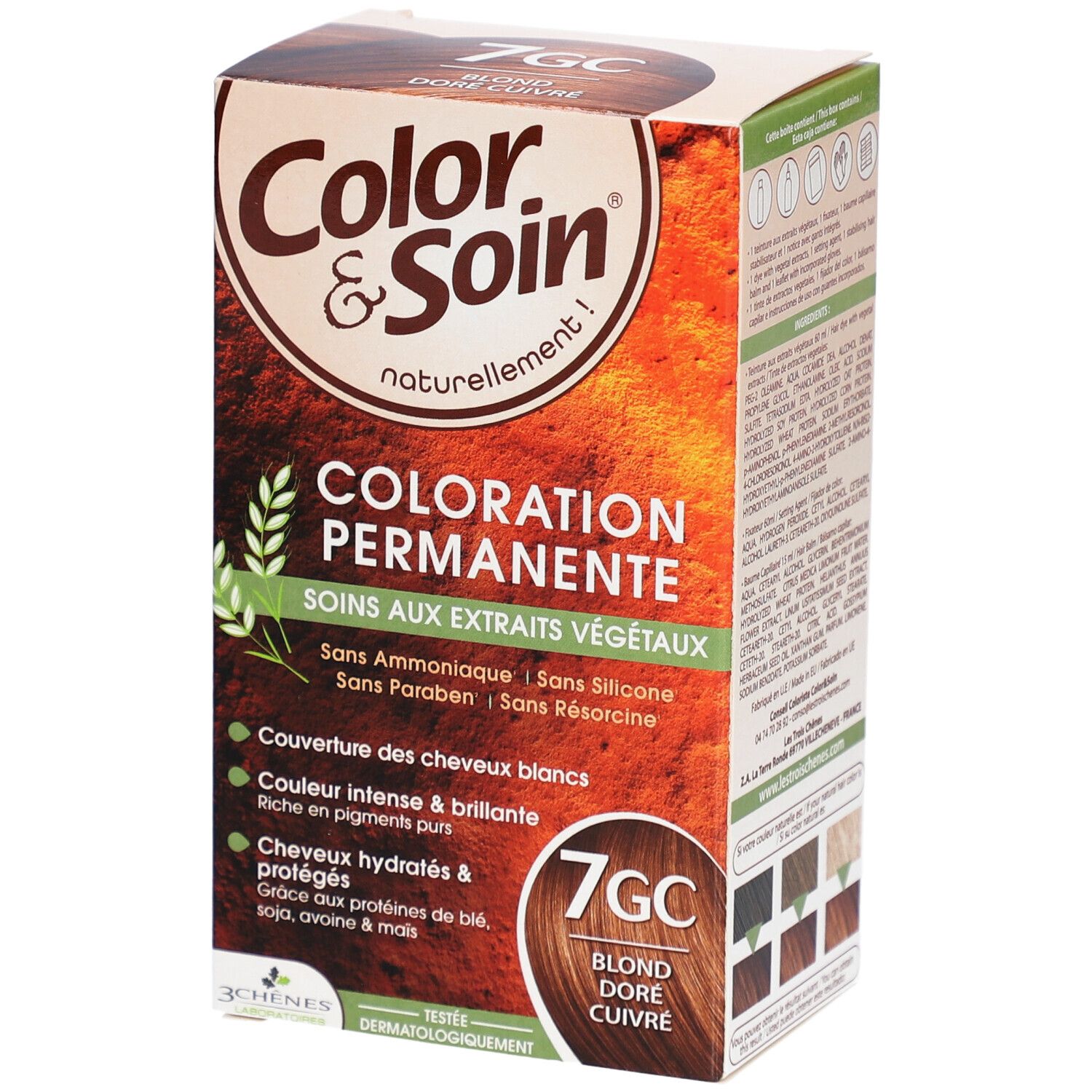 Boîte Color & Soin 7GC blond doré cuivré. Coloration permanente aux extraits végétaux. Couvre les cheveux blancs.