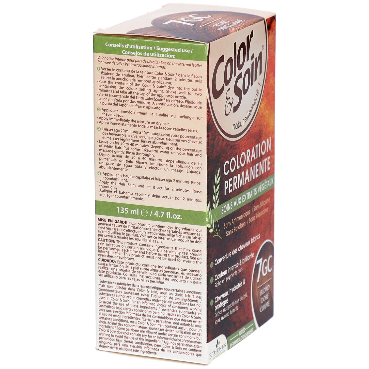 Dos de la boîte Color & Soin. Instructions d'utilisation et précautions. 7GC blond doré cuivré.