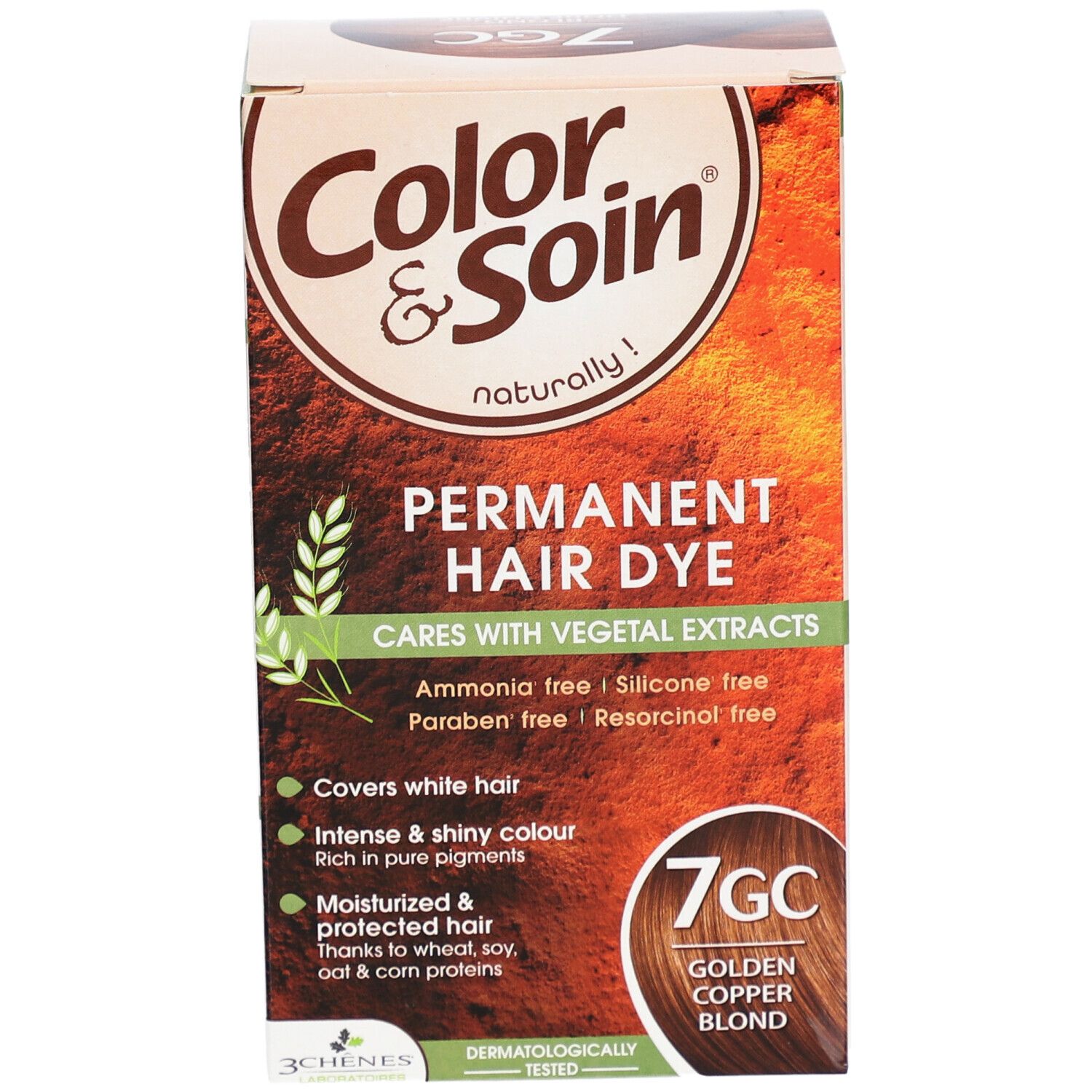 Boîte Color & Soin 7GC blond doré cuivré. Coloration permanente aux extraits végétaux. Couvre les cheveux blancs.