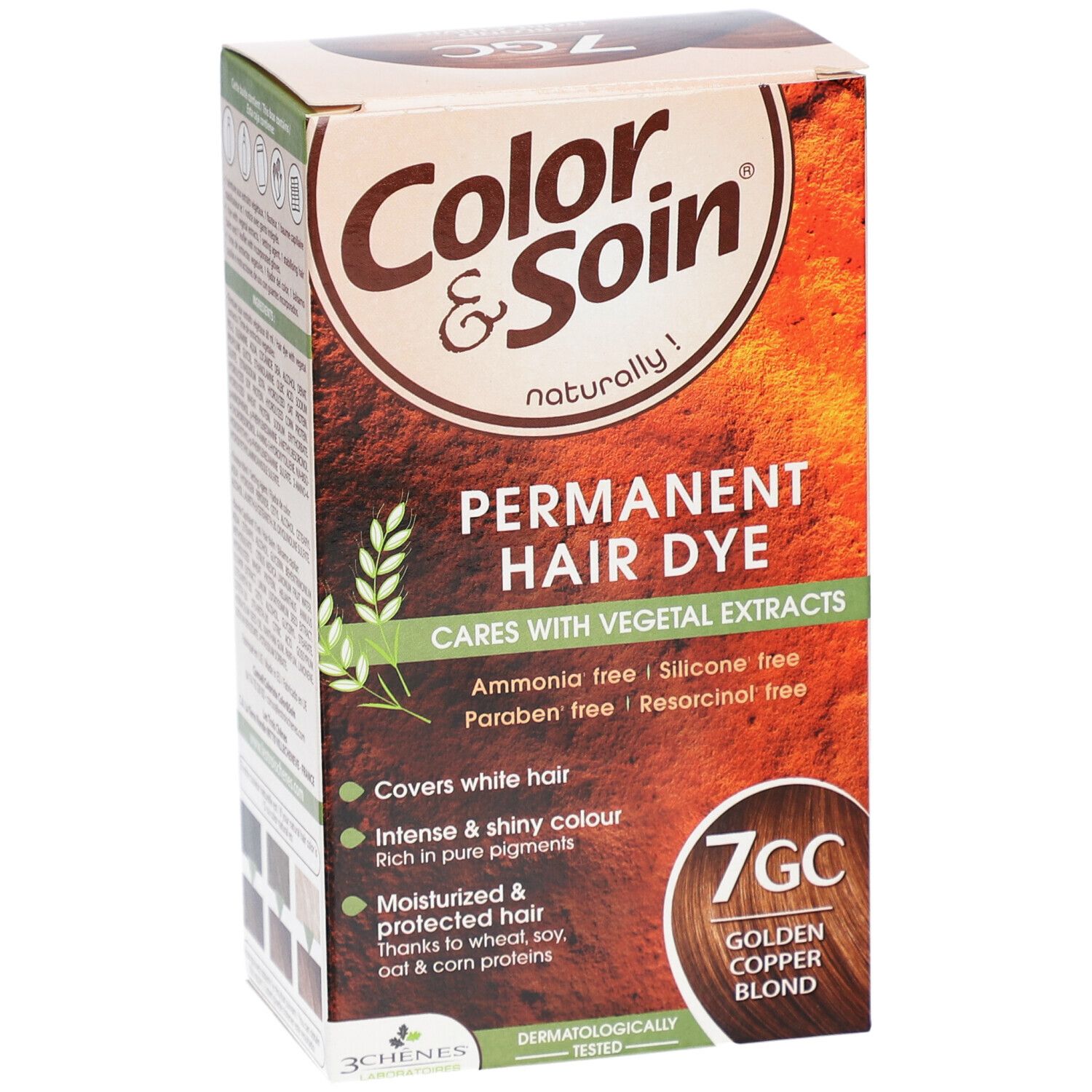 Boîte Color & Soin 7GC blond doré cuivré. Coloration permanente aux extraits végétaux. Couvre les cheveux blancs.
