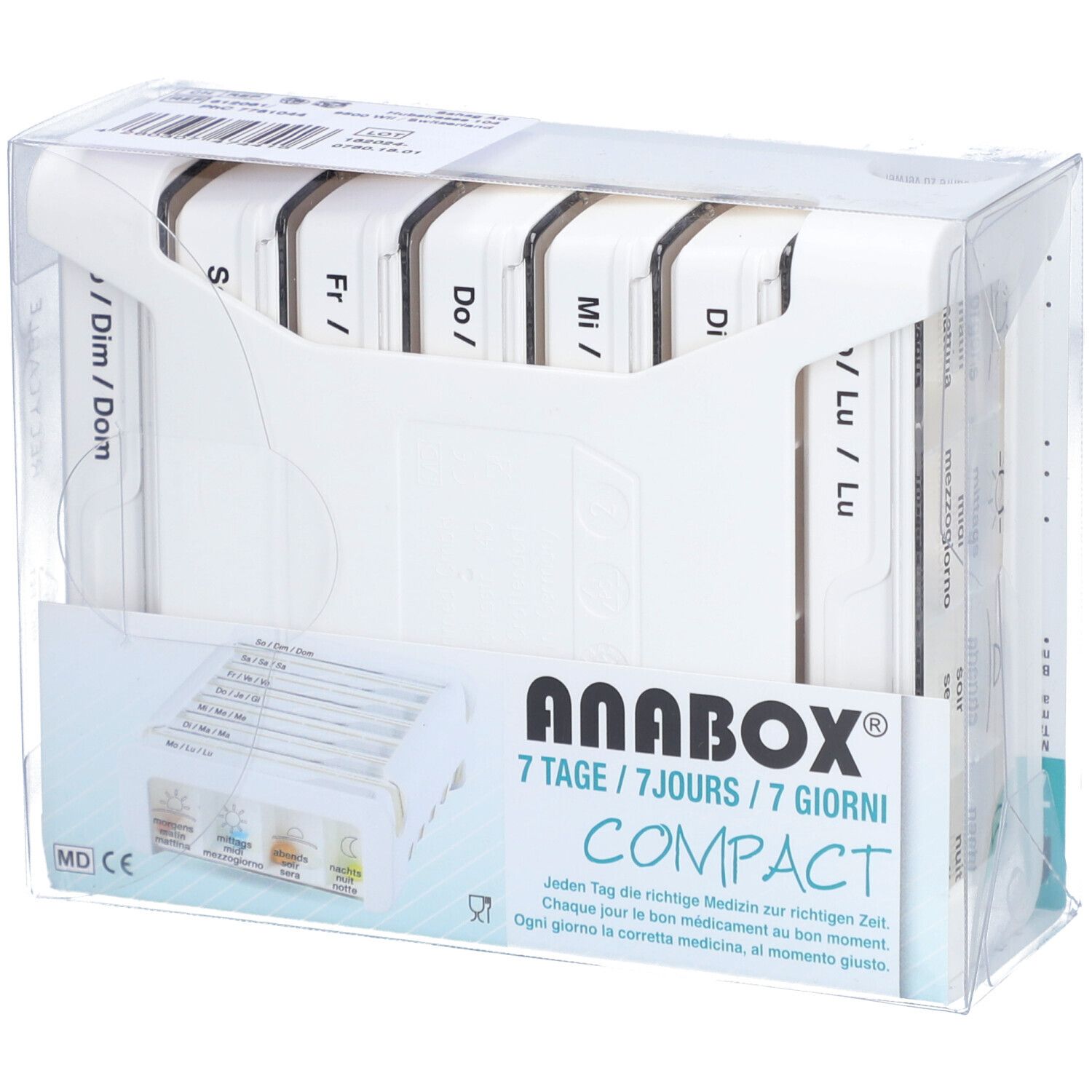 Witte medicijndispenser, 7 dagen, in transparante verpakking. Met opschrift ANABOX, Compact. Dagen beschreven.