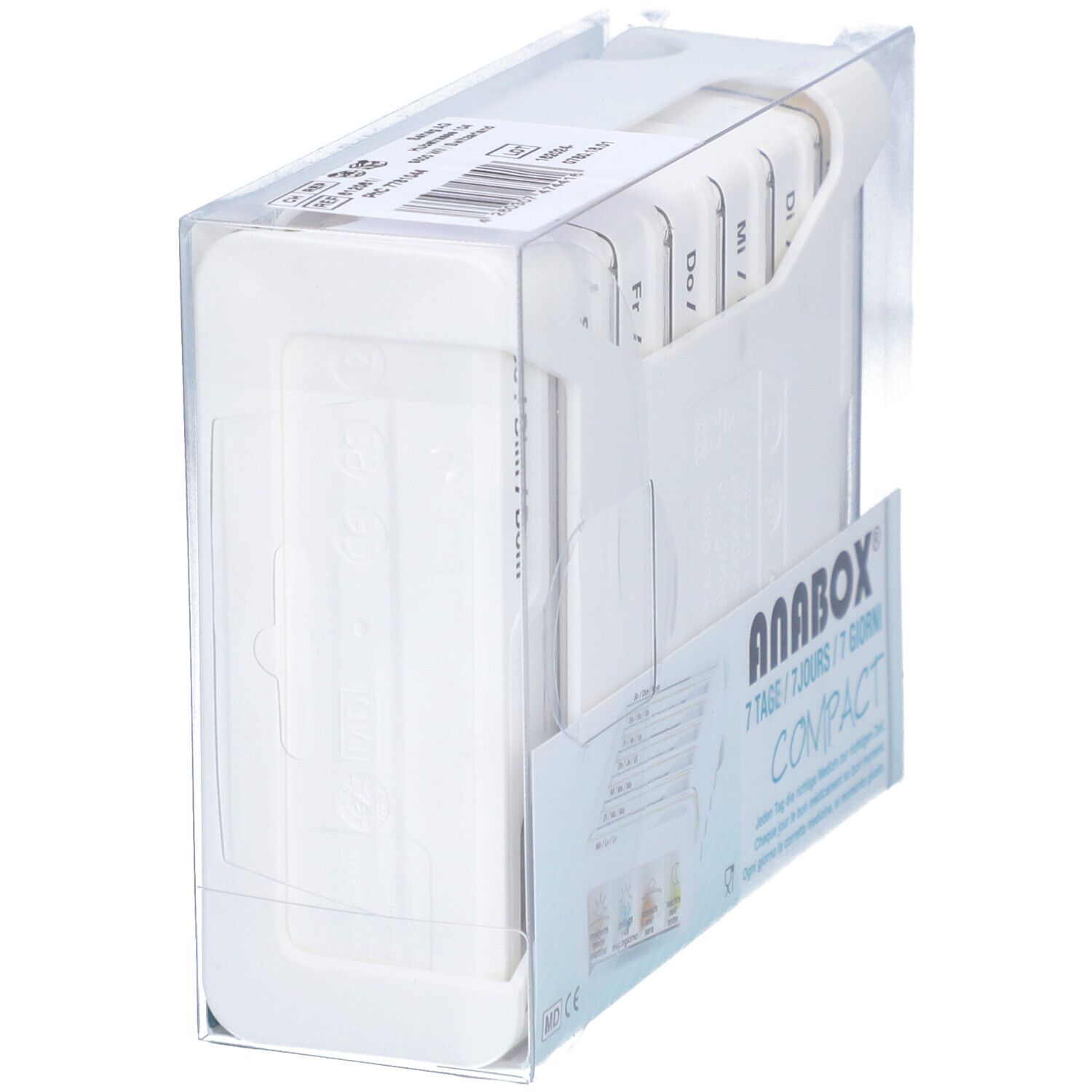 Witte medicijndispenser in transparante verpakking. ANABOX Compact, 7 dagen. Zijaanzicht, dagen beschreven.