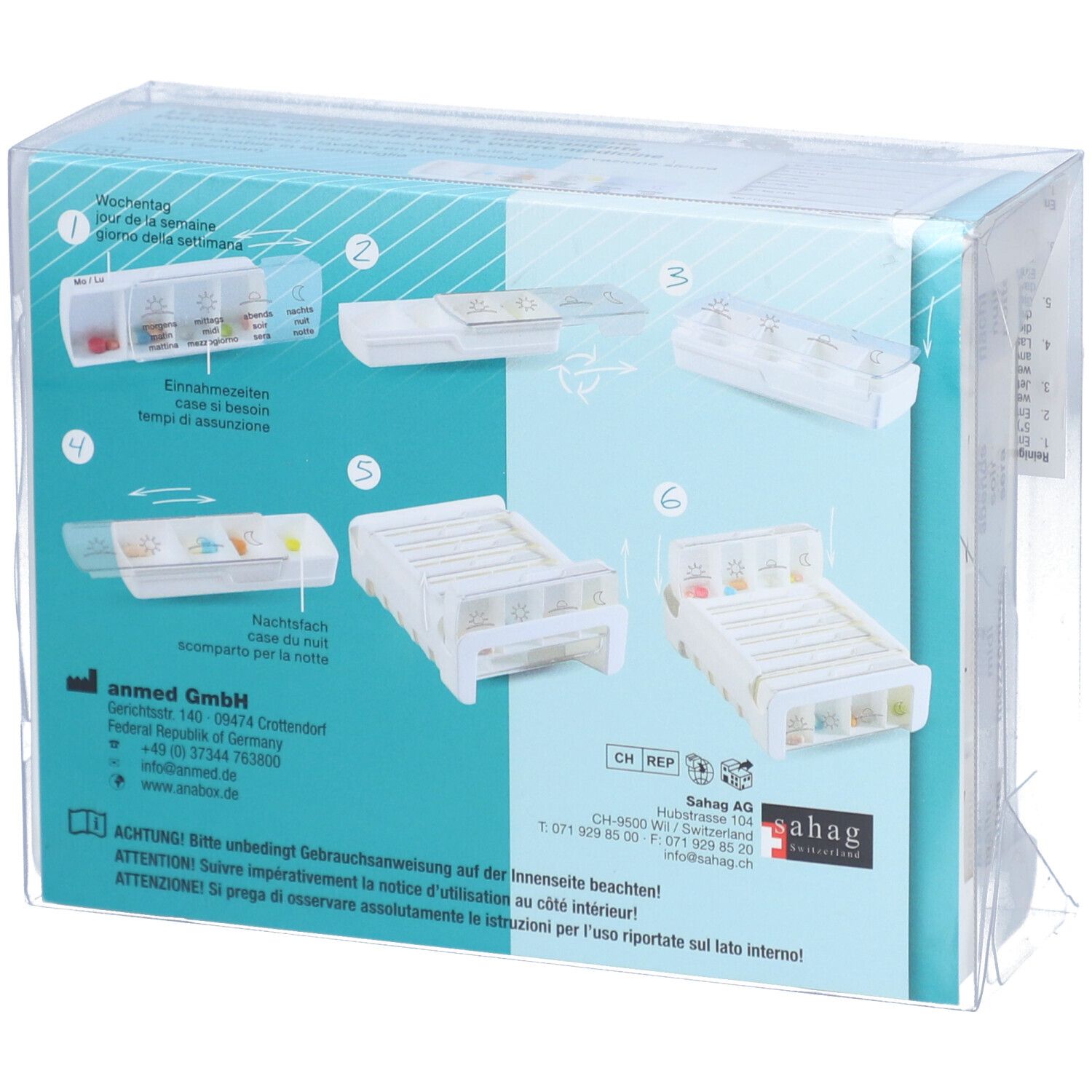 Achterkant van de verpakking. Illustraties tonen het gebruik van de medicijndispenser. Tekst in het Duits, Frans, Italiaans.