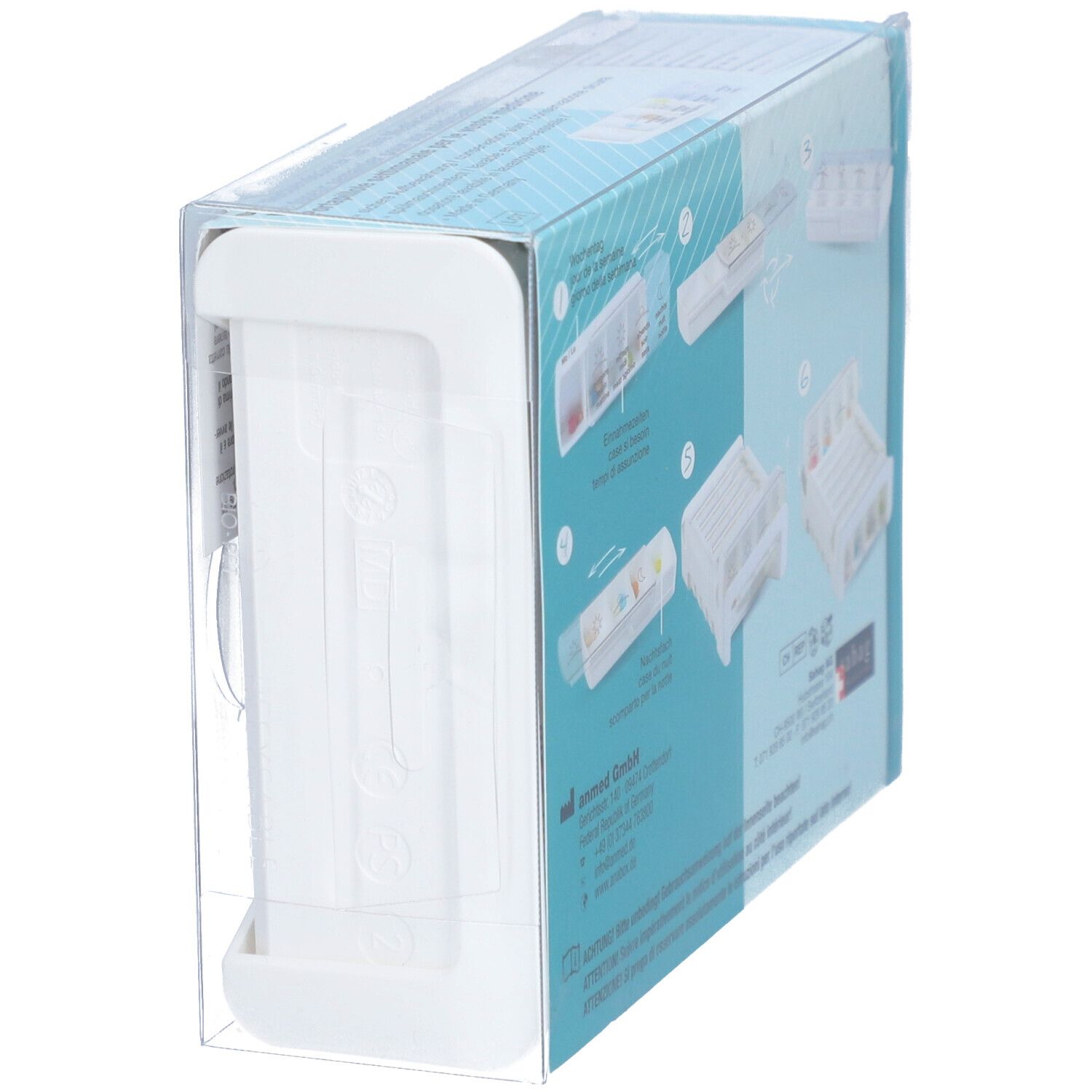 Verpakking van de medicijndispenser. Achterkant met illustraties en tekst. Transparante plastic hoes.