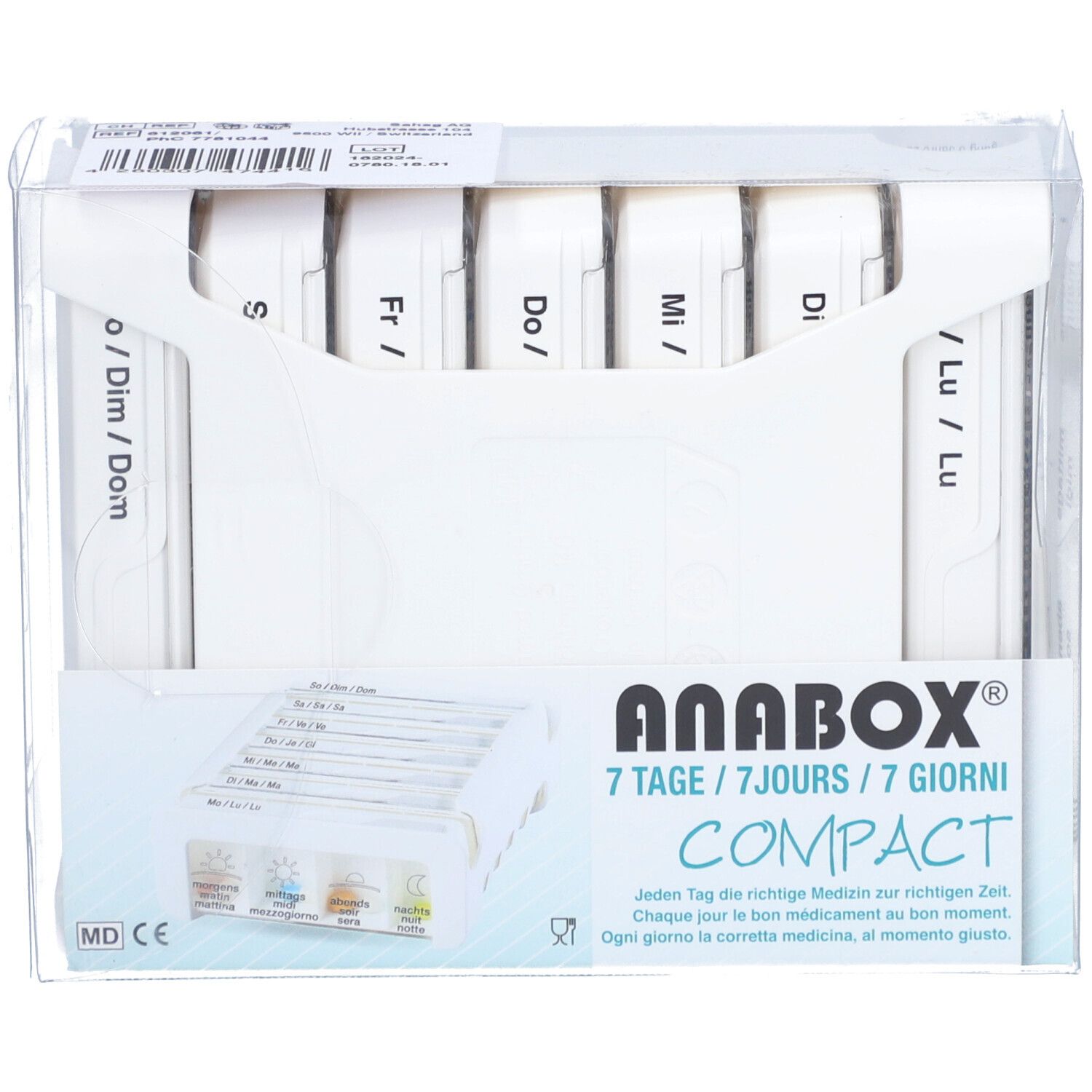 Witte medicijndispenser, 7 dagen, in transparante verpakking. ANABOX Compact, dagen beschreven.