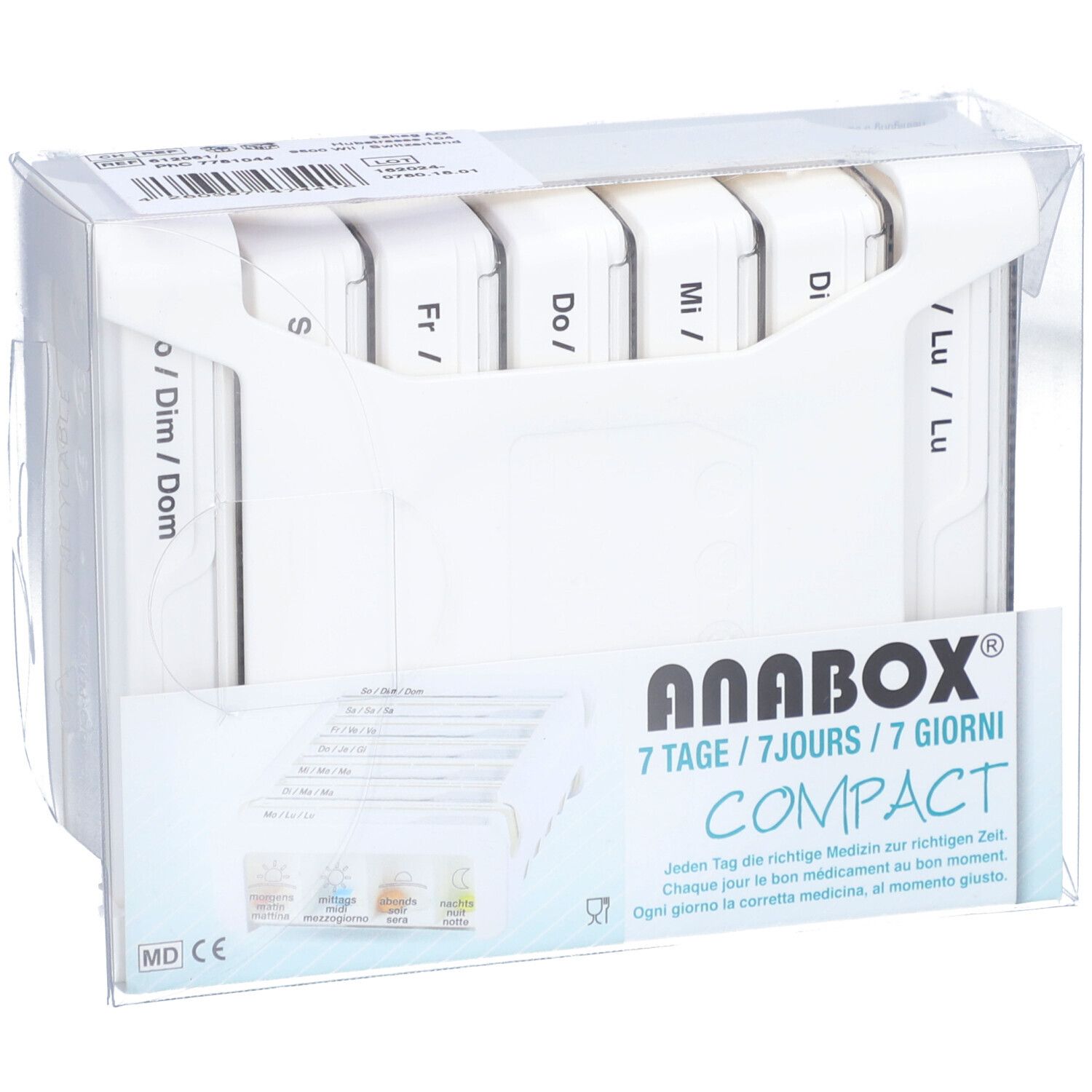 Witte medicijndispenser, 7 dagen, in transparante verpakking. ANABOX Compact, dagen beschreven.