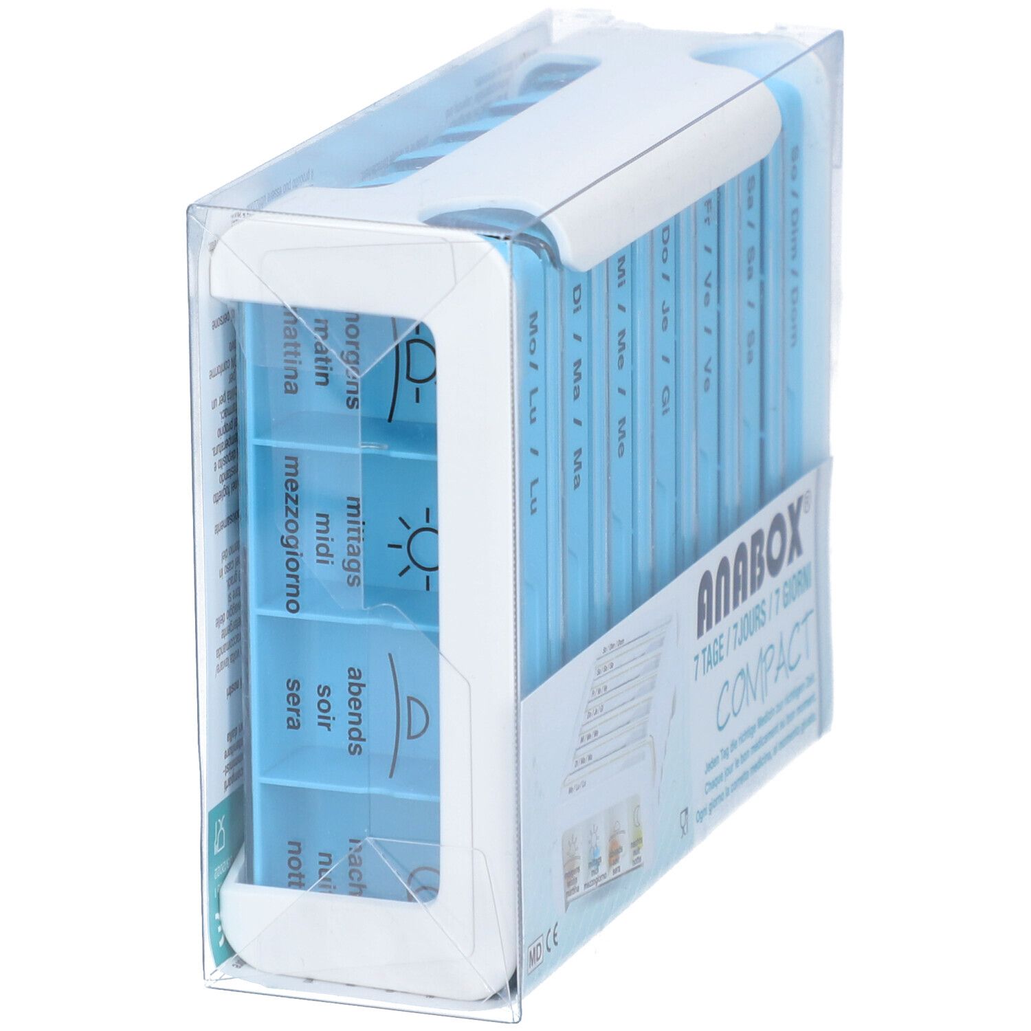 Distributeur de médicaments bleu clair avec quatre compartiments, étiquetés avec les moments de la journée. En emballage transparent. Marque ANABOX.