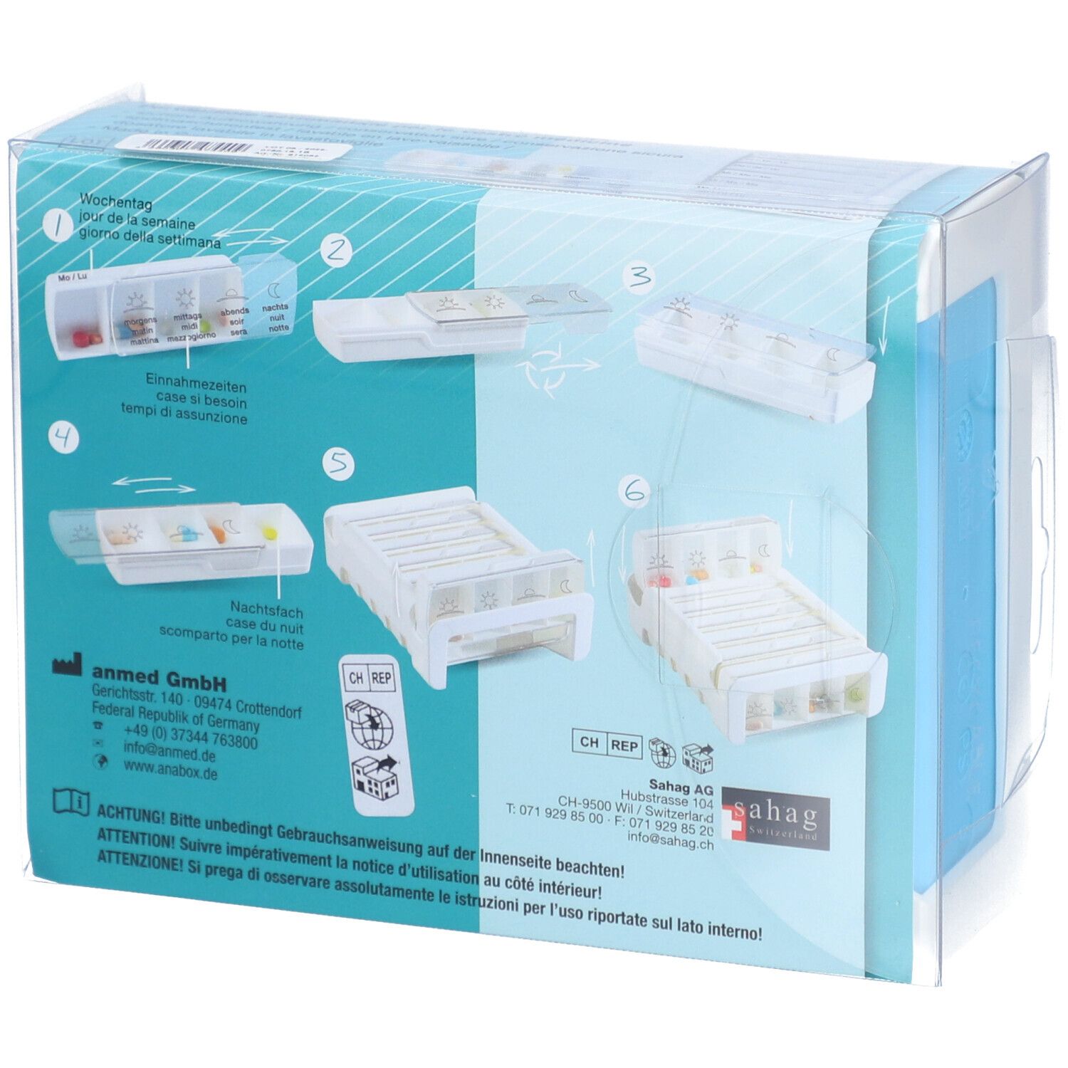 Dos de l'emballage avec des illustrations et des informations sur le produit. Contient des schémas et du texte en plusieurs langues. Marque ANABOX.