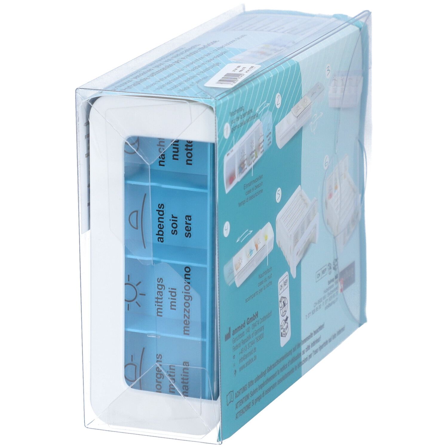Distributeur de médicaments avec quatre compartiments, étiquetés avec les moments de la journée. En emballage transparent. Marque ANABOX.