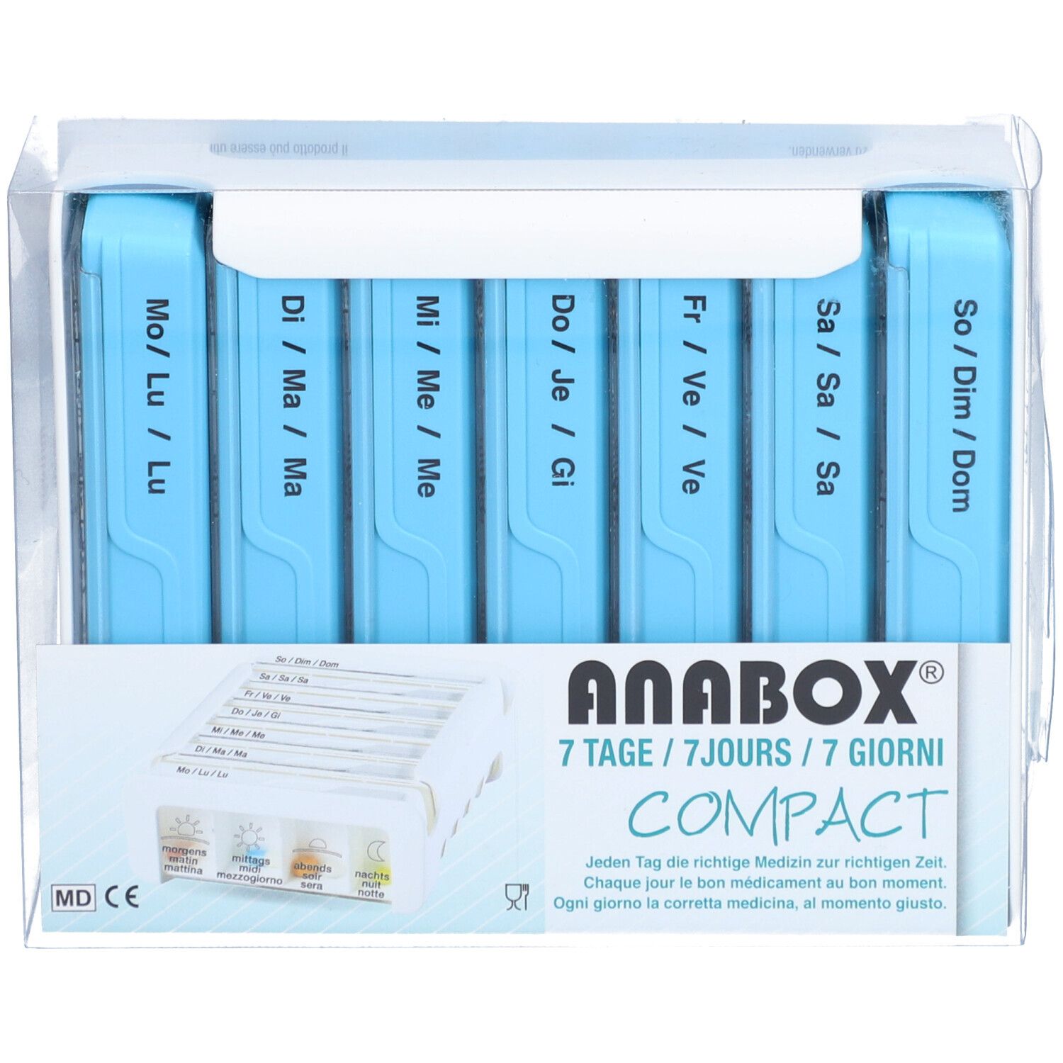 Distributeur de médicaments bleu clair à sept compartiments, étiquetés avec les jours de la semaine. En emballage transparent. Marque ANABOX.
