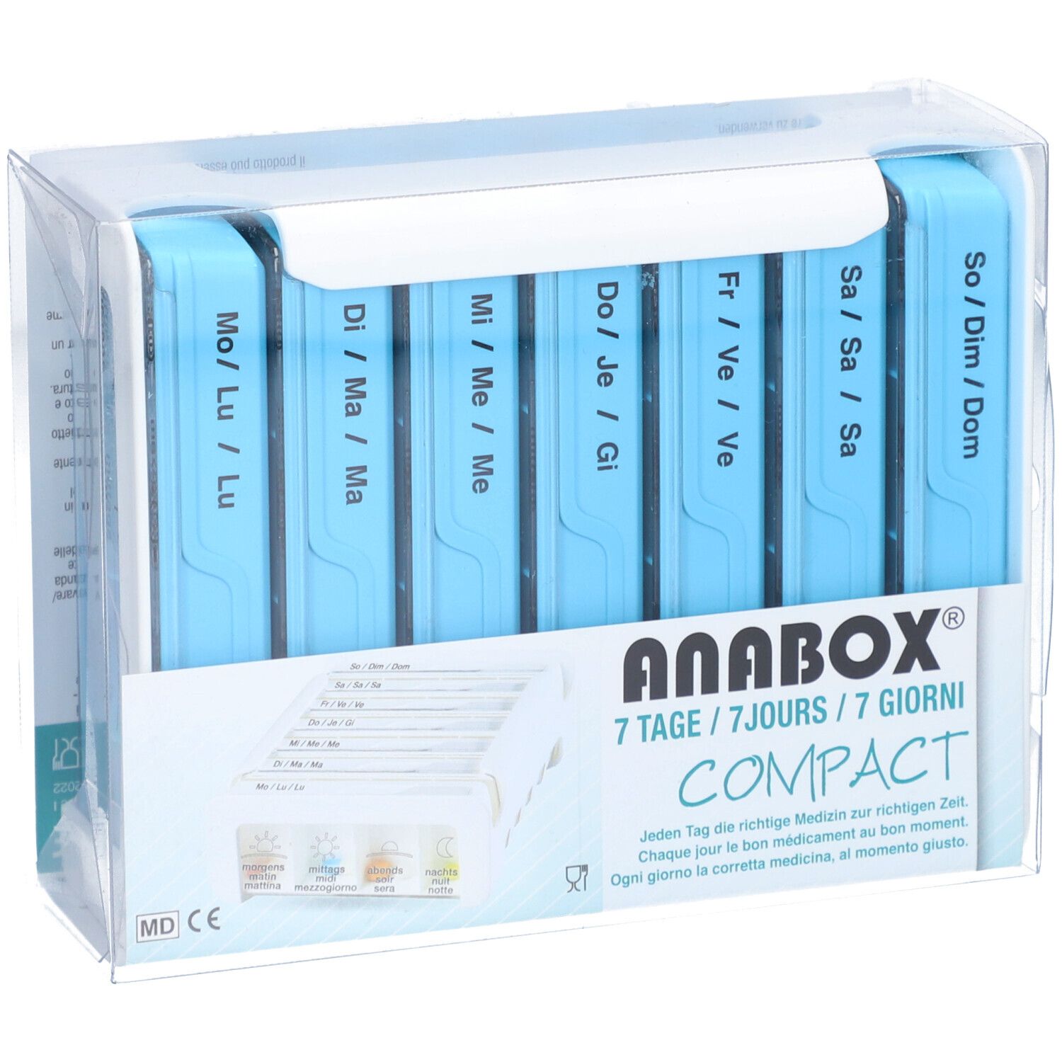 Distributeur de médicaments bleu clair à sept compartiments, étiquetés avec les jours de la semaine. En emballage transparent. Marque ANABOX.