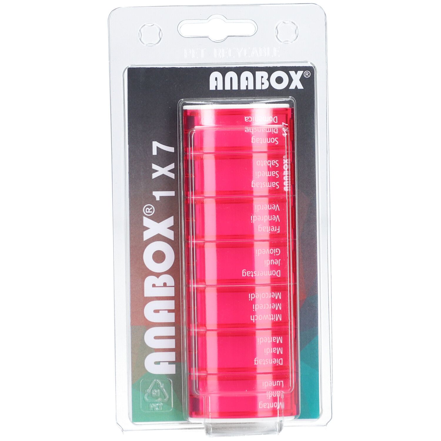ANABOX 1x7, roze medicijndispenser in blister. Zeven compartimenten met weekdagen. Transparante verpakking.