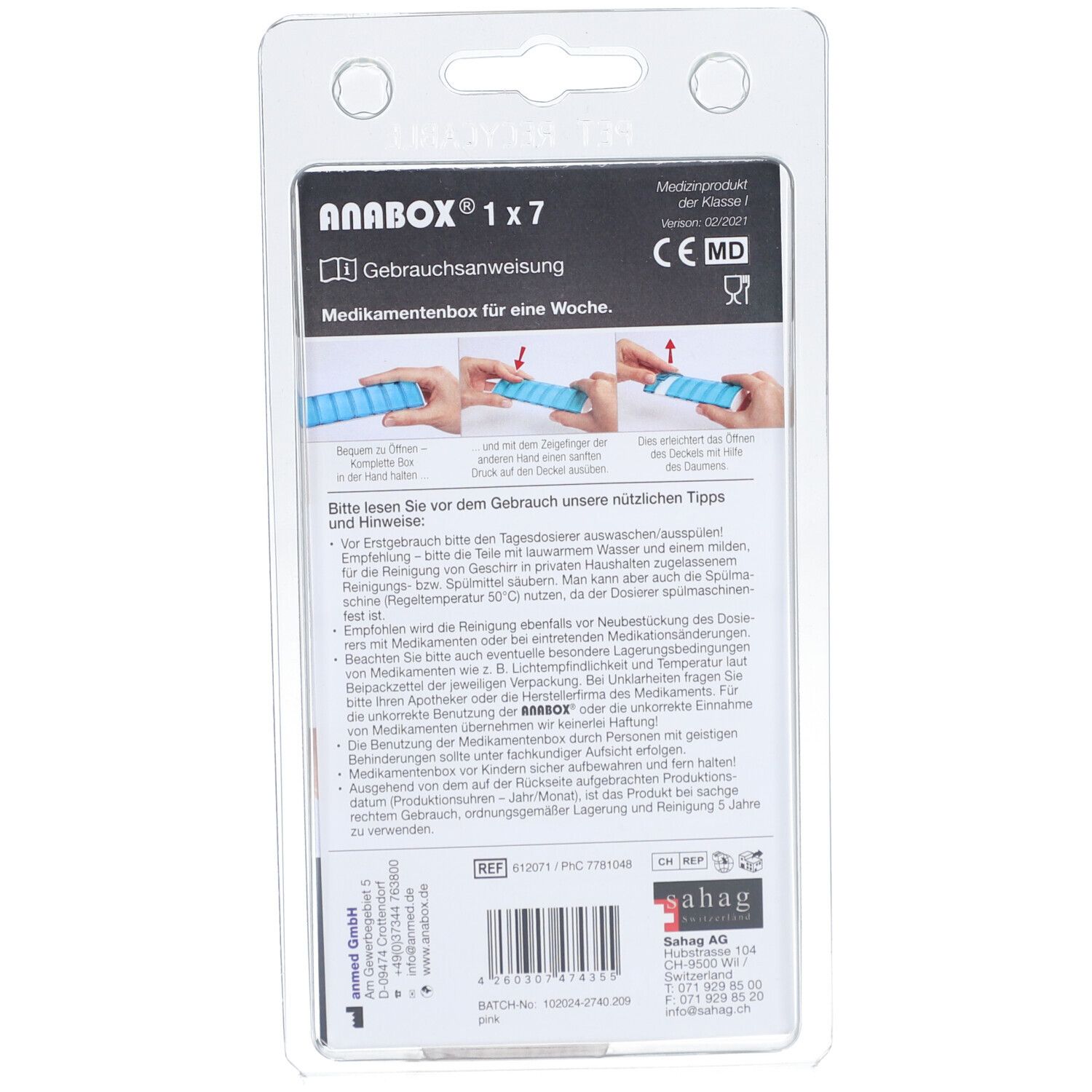 Achterkant van de ANABOX 1x7 medicijndoos in blister. Gebruiksaanwijzing en CE-markering. Illustraties van gebruik.