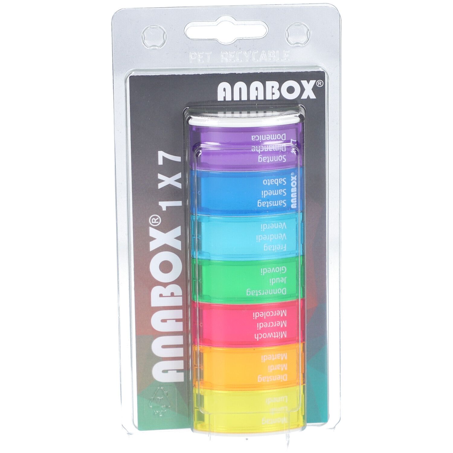 Anabox 1x7, cilindrische pillendoos in meerdere kleuren. Dagelijkse compartimenten met weekdagen, in blisterverpakking.
