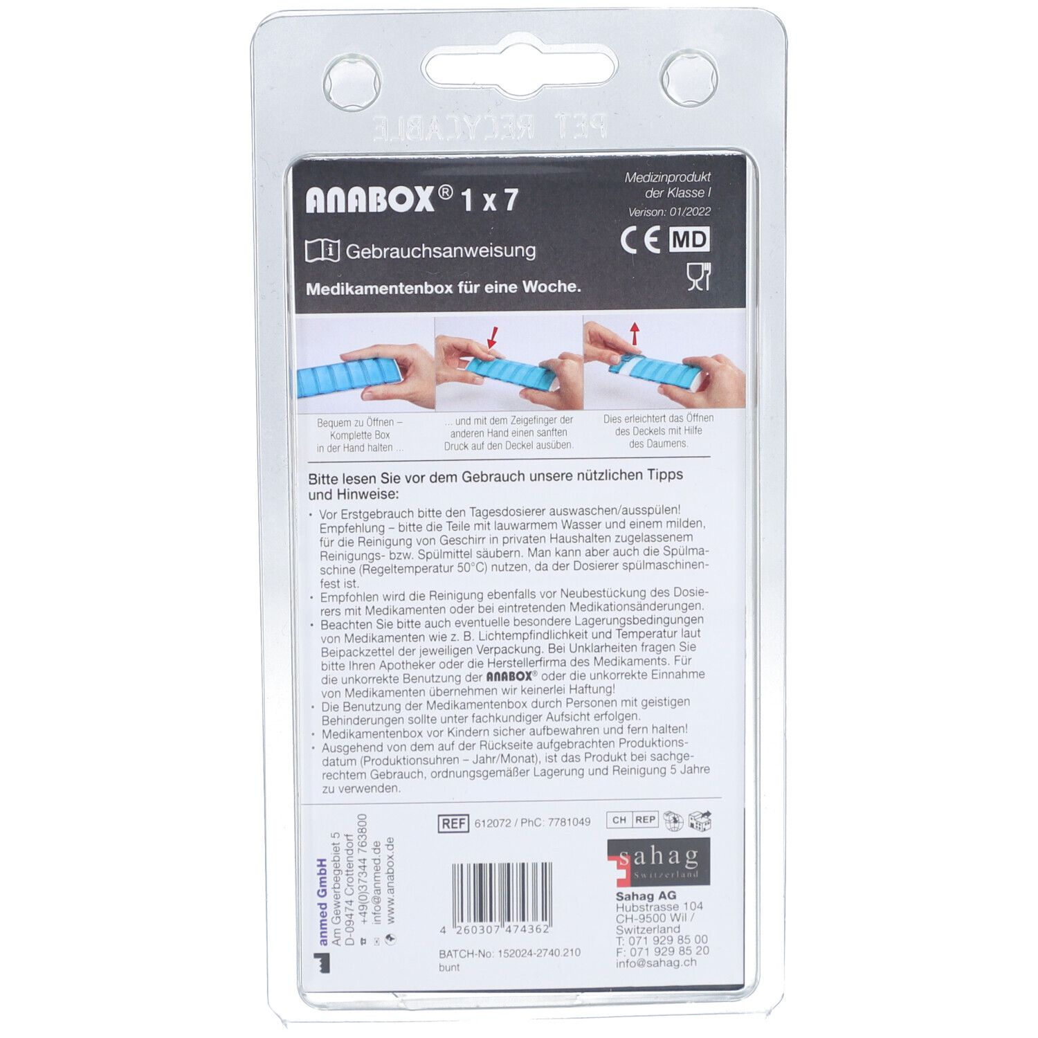Achterkant van de Anabox 1x7 verpakking. Gebruiksaanwijzing en productinformatie. CE-markering.
