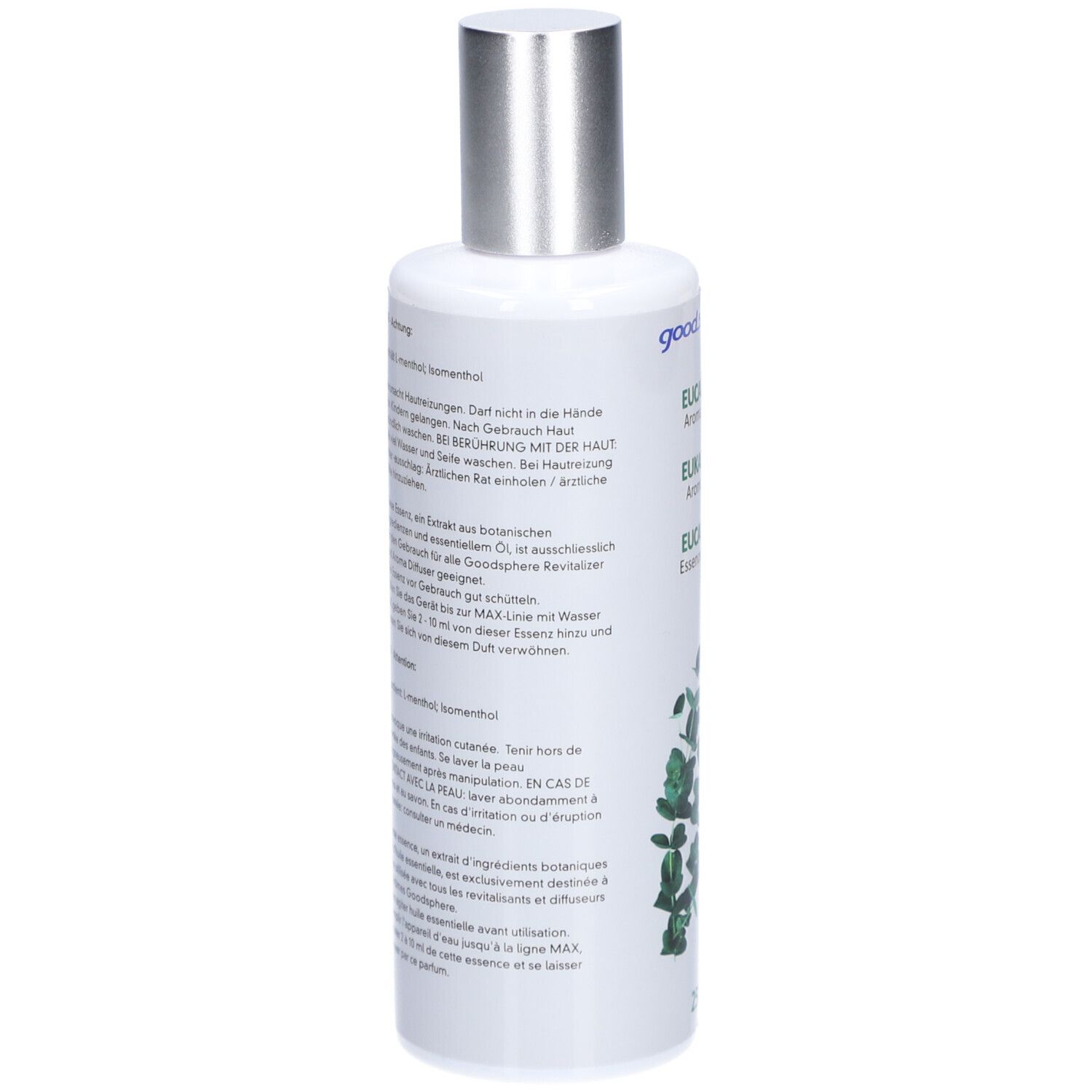 Flacon blanc avec bouchon argenté. Texte en allemand. Illustration de feuilles d'eucalyptus. Vue arrière.